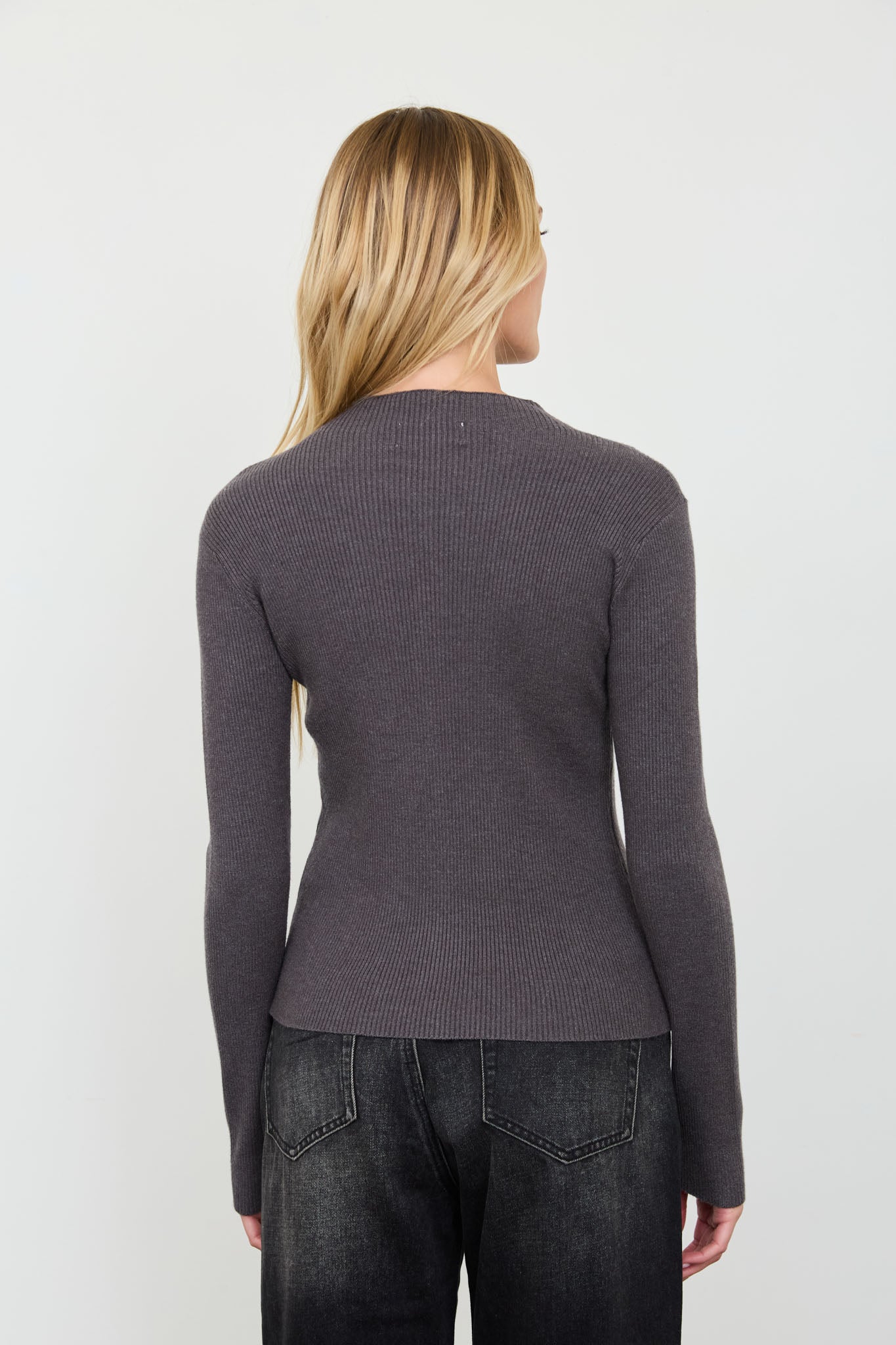 MOCK NECK SCALLOPED BUTTON KNIT CARDIGAN