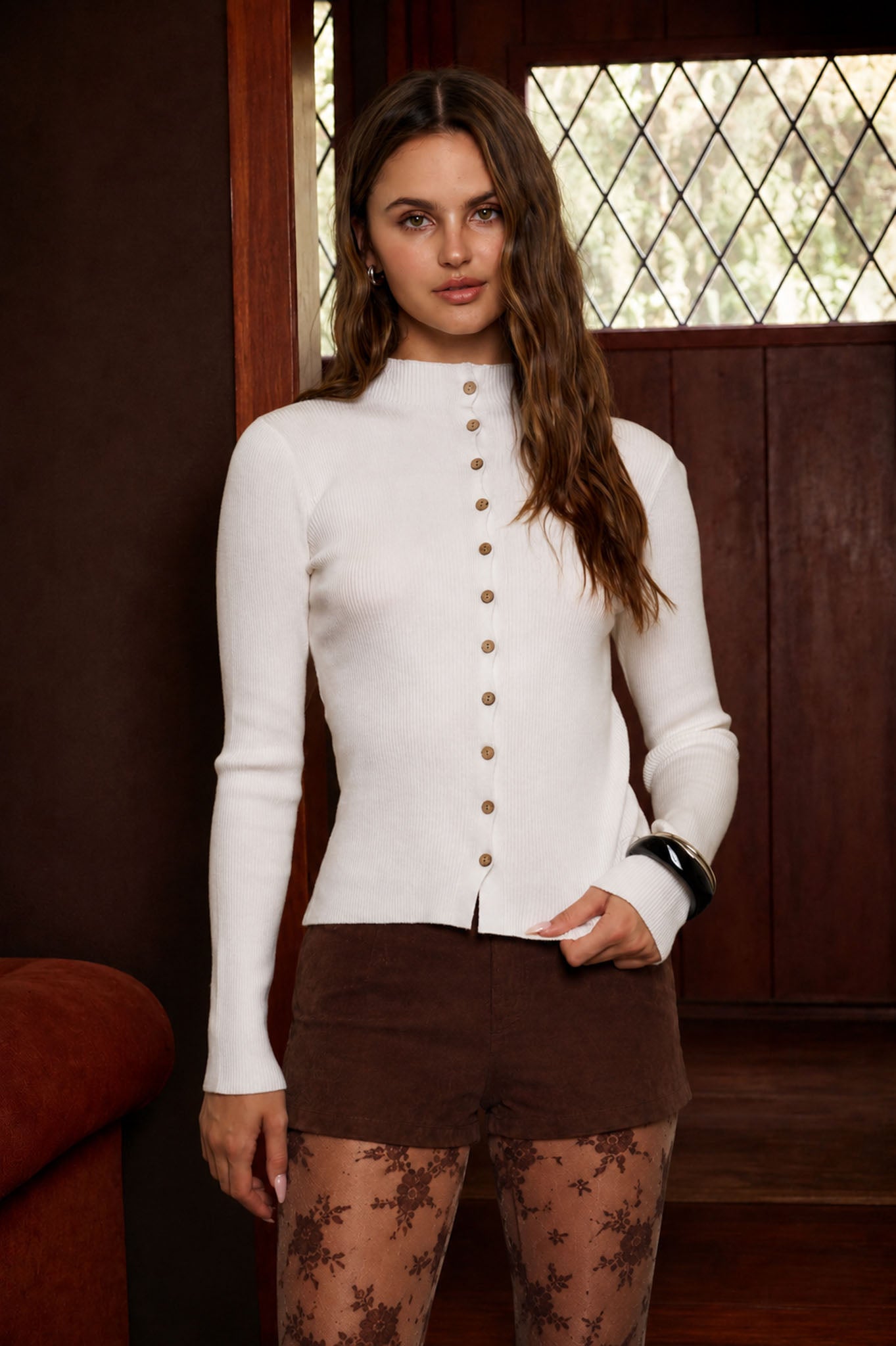 MOCK NECK SCALLOPED BUTTON KNIT CARDIGAN