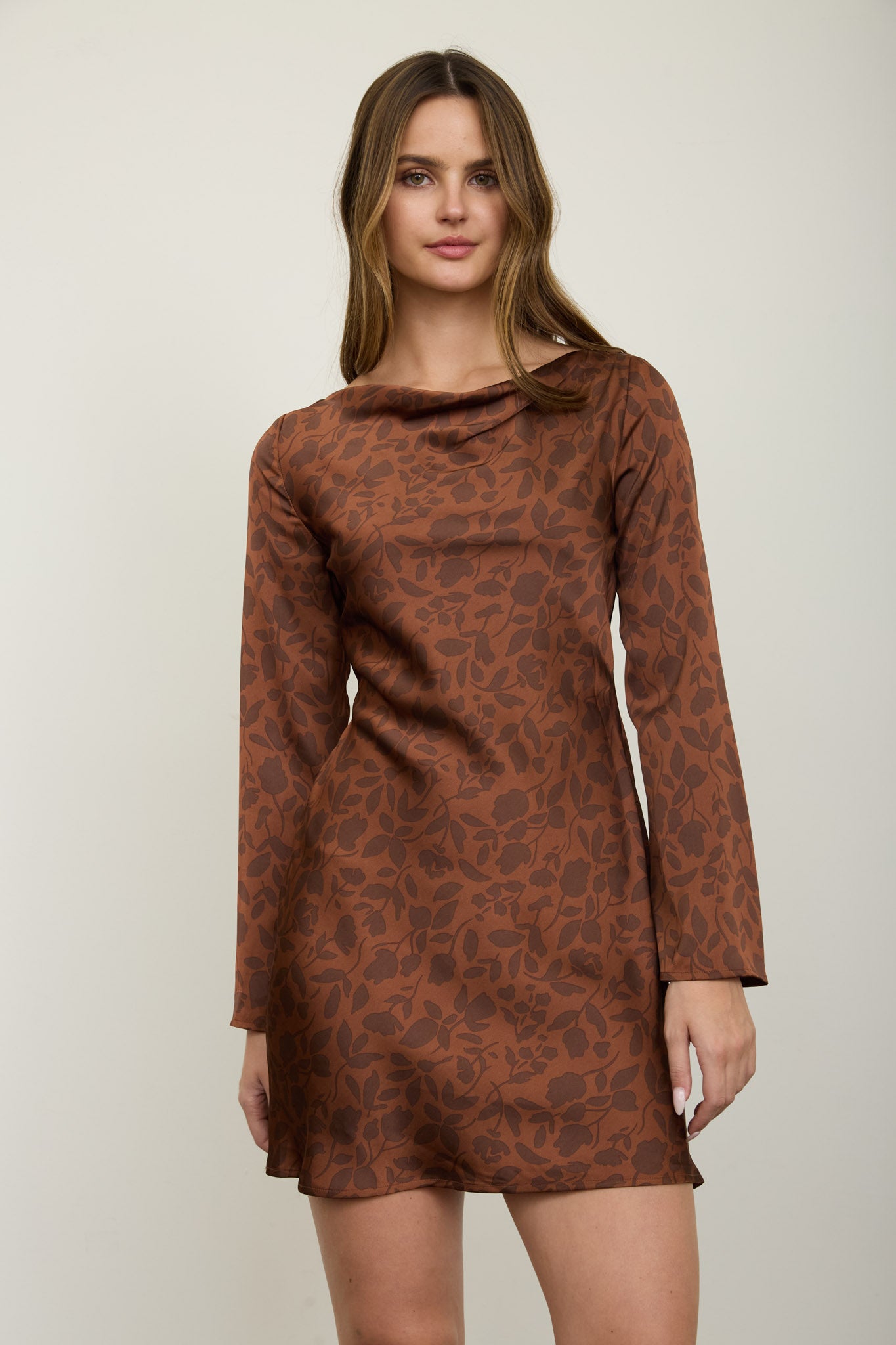 FLORAL COWL NECK LONG SLEEVE MINI DRESS