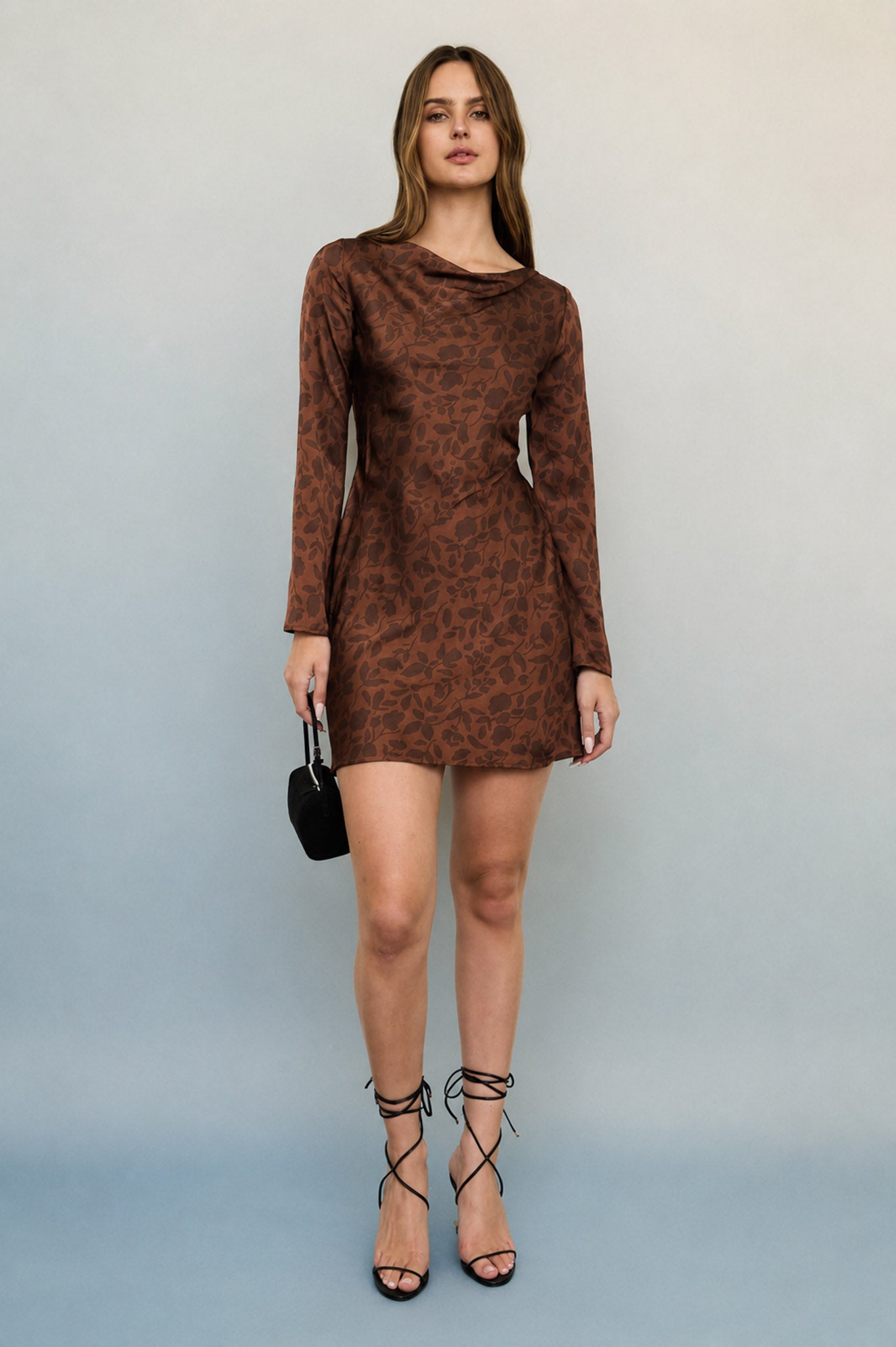 FLORAL COWL NECK LONG SLEEVE MINI DRESS