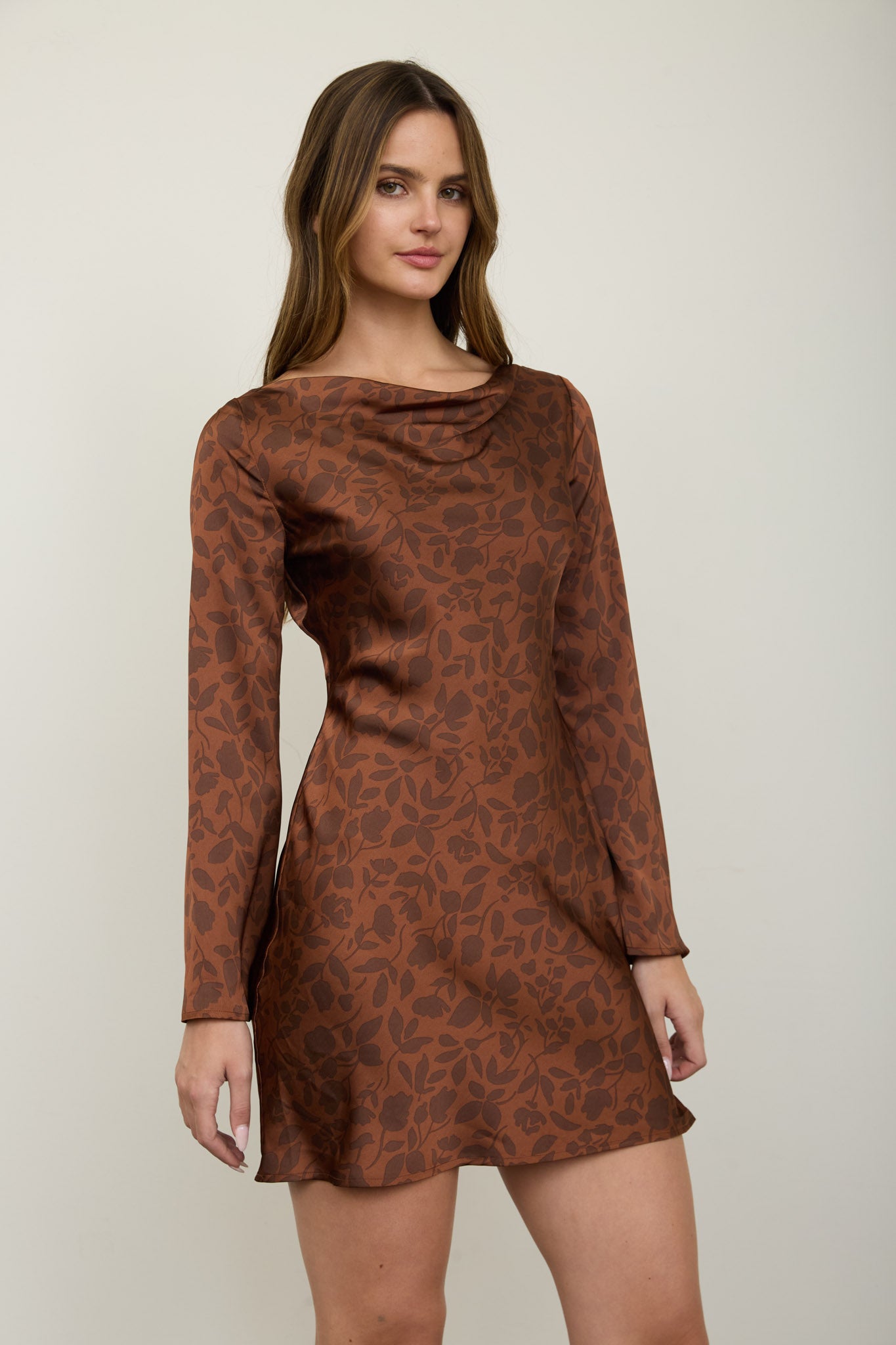 FLORAL COWL NECK LONG SLEEVE MINI DRESS
