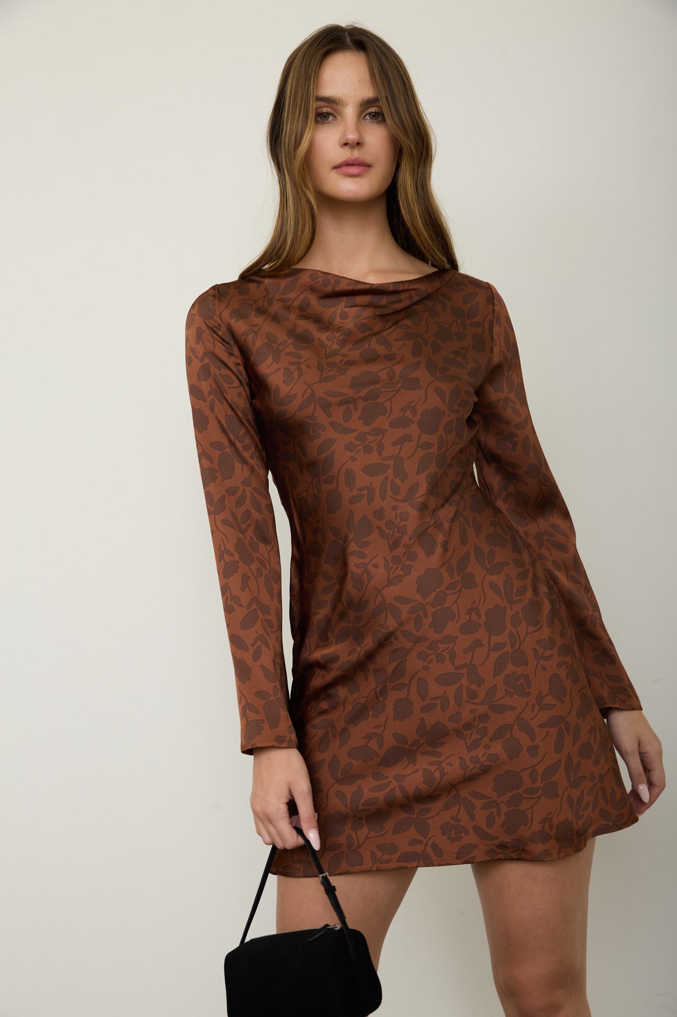 FLORAL COWL NECK LONG SLEEVE MINI DRESS