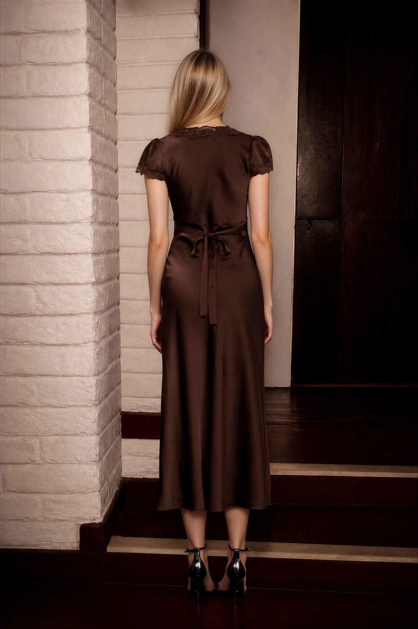 SATIN LACE TRIM PUFF SLEEVE MIDI DRESS