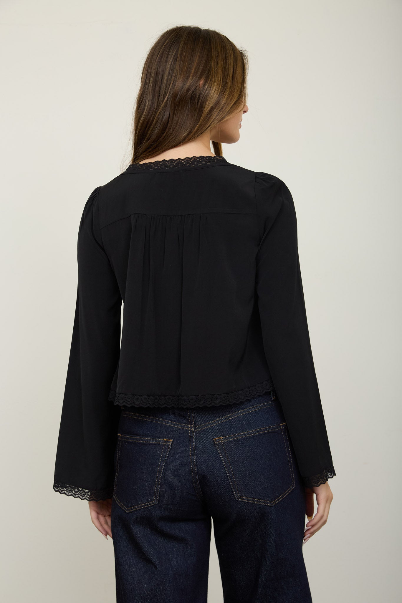 PIN TUCK LACE TRIM FRONT TIE LONG SLEEVE BLOUSE