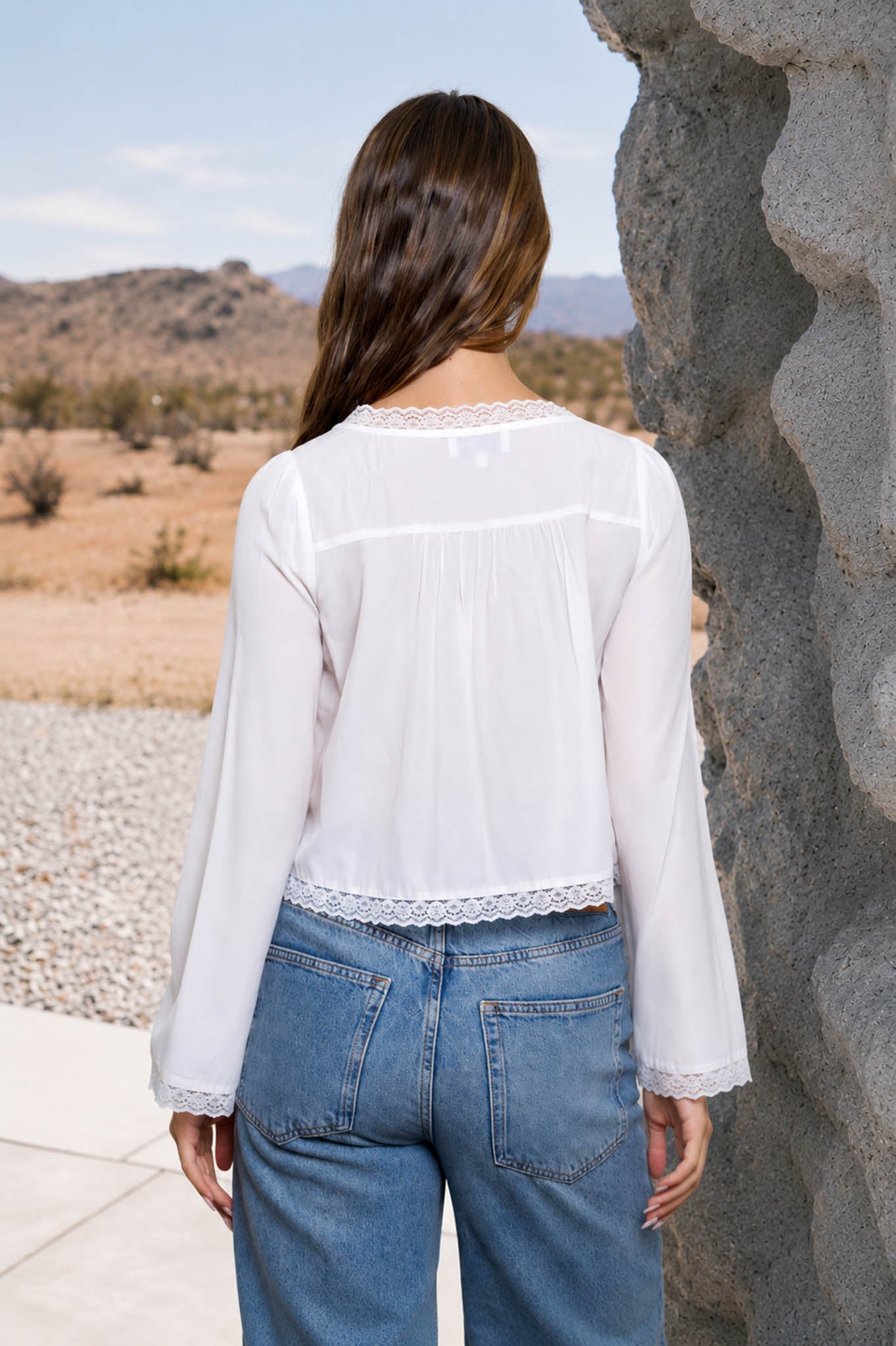 PIN TUCK LACE TRIM FRONT TIE LONG SLEEVE BLOUSE