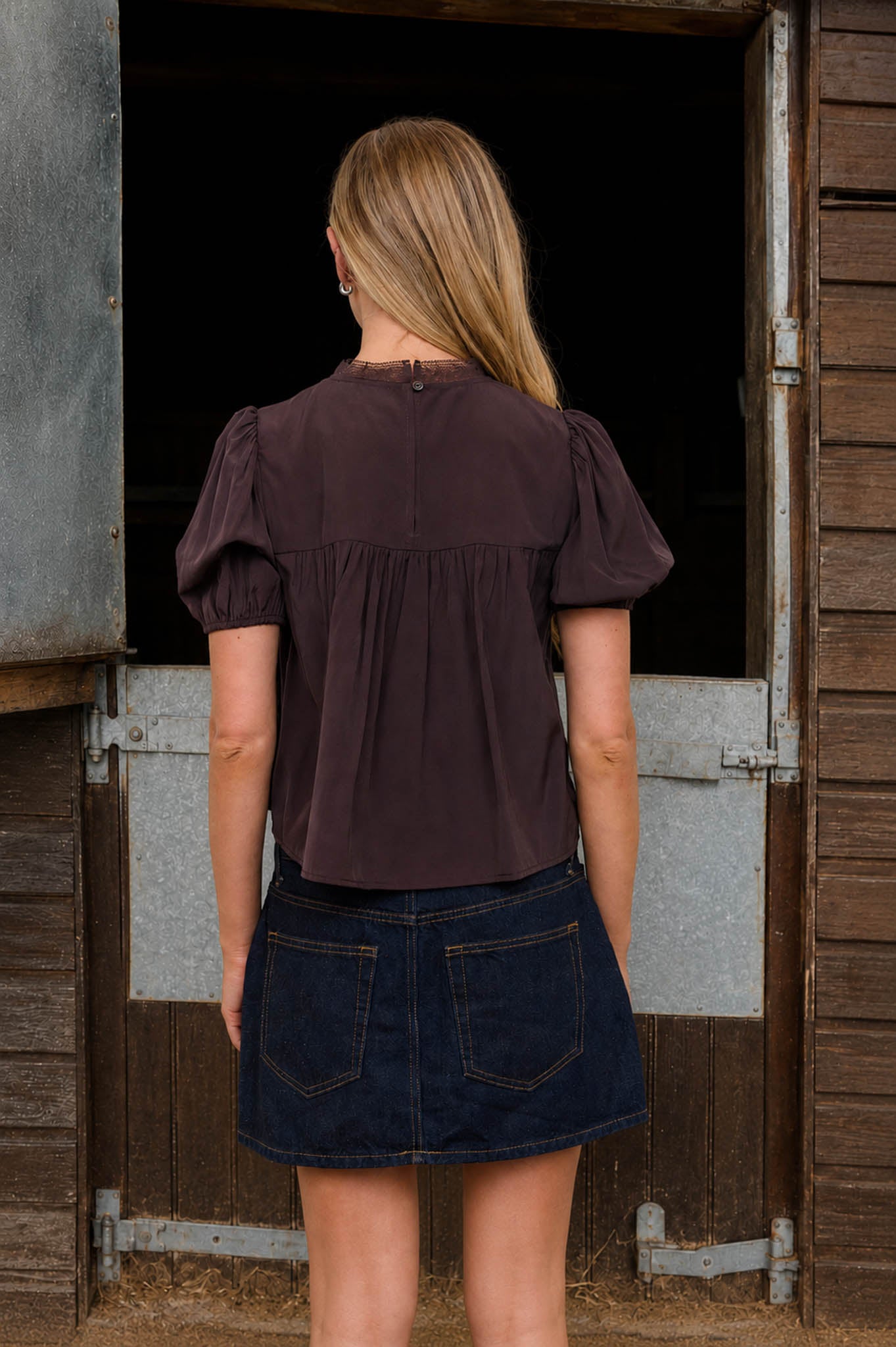 LACE-TRIM PINTUCK PUFF SLEEVE CROPPED TOP
