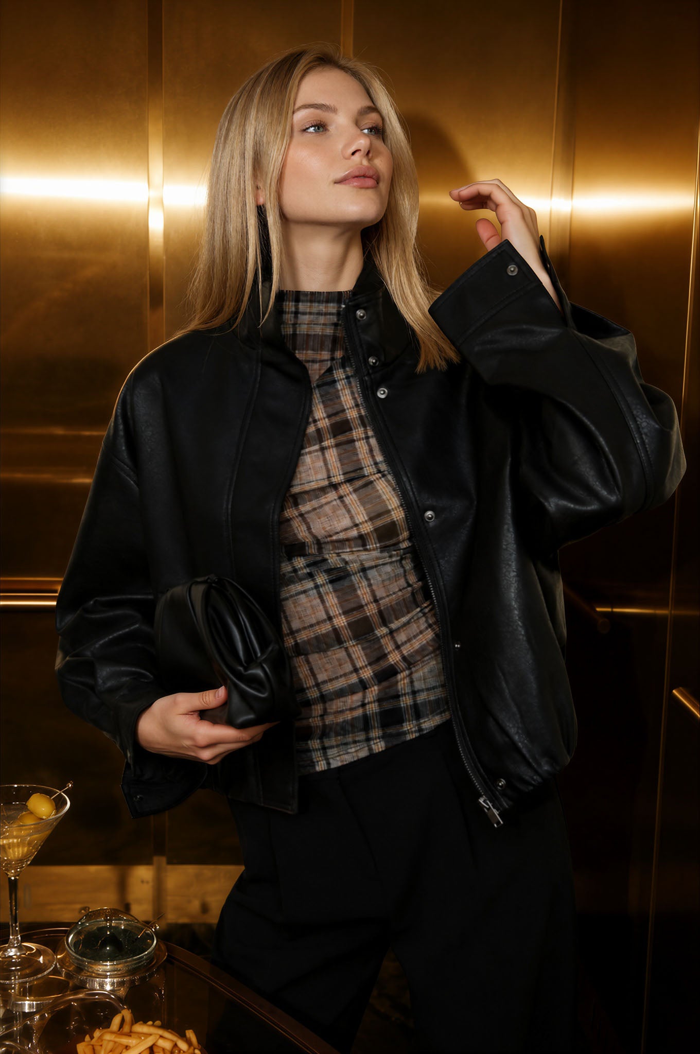 FAUX LEATHER MOCK NECK ZIP-UP BOMBER JACKET (PRE-ORDER)