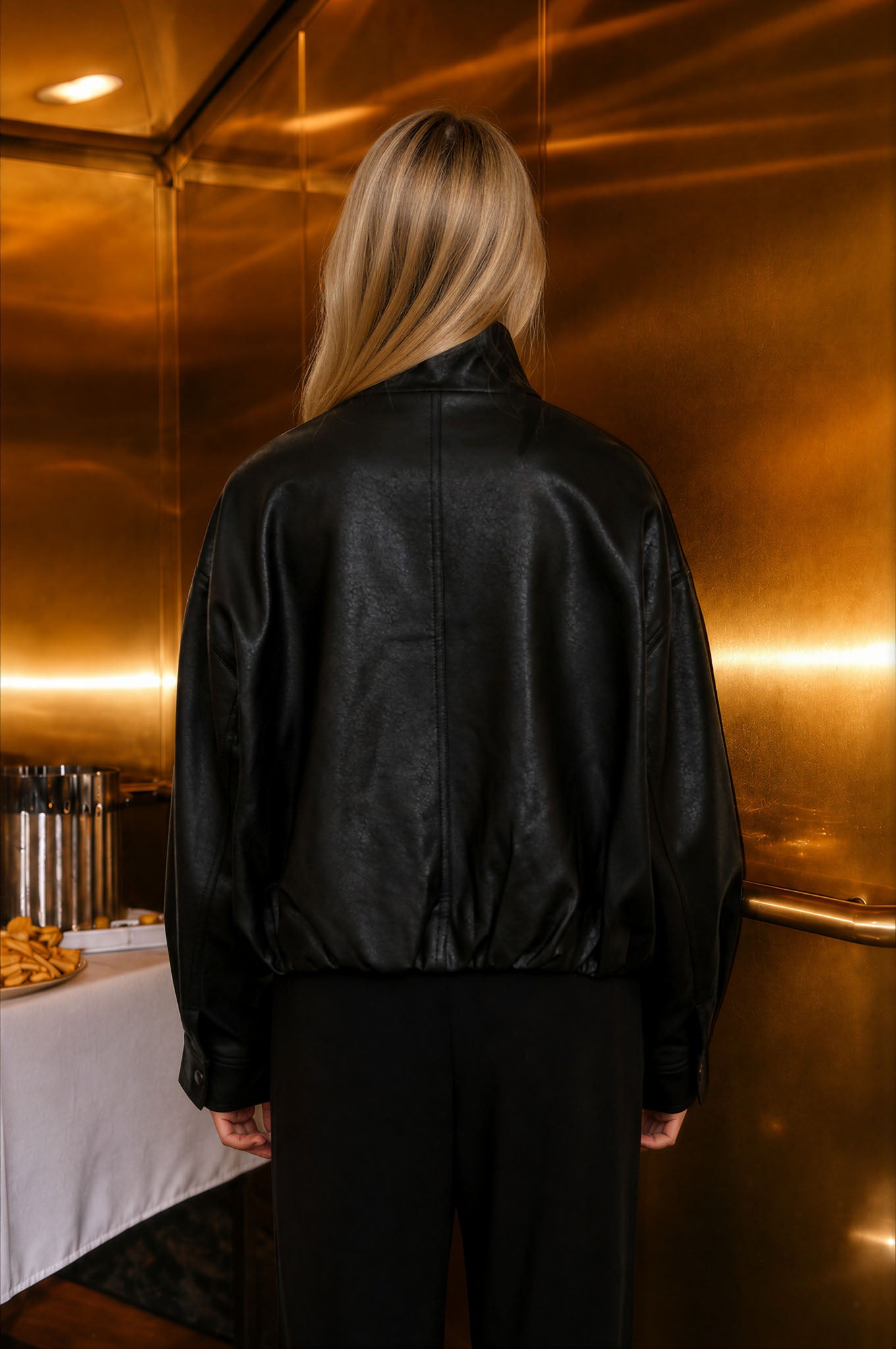 FAUX LEATHER MOCK NECK ZIP-UP BOMBER JACKET (PRE-ORDER)