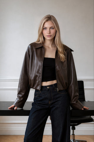 COLLARED ZIP-UP CROPPED FAUX LEATHER JACKET (PRE-ORDER)