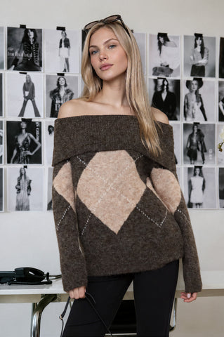 ARGYLE WIDE FOLD OVER KNIT PULLOVER SWEATER