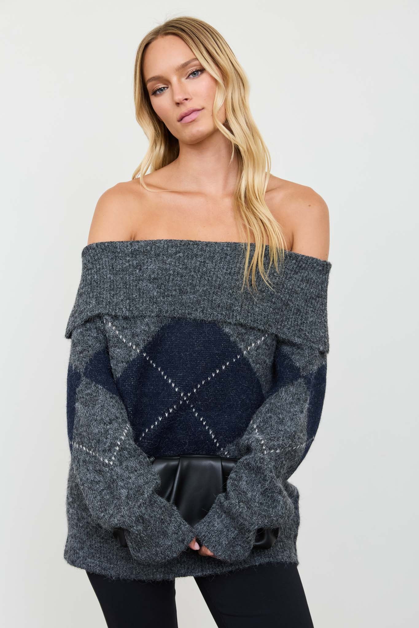 ARGYLE WIDE FOLD OVER KNIT PULLOVER SWEATER