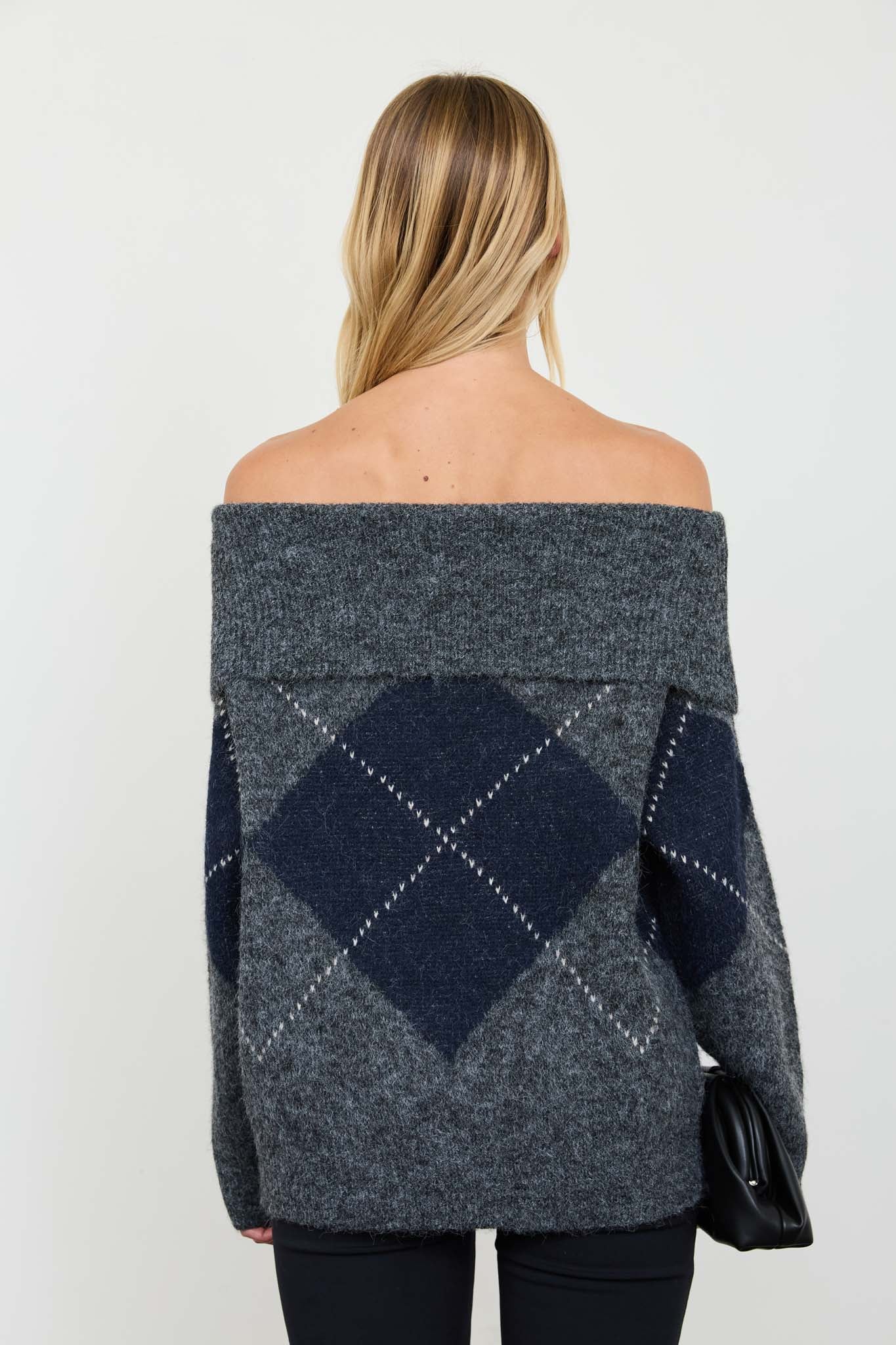 ARGYLE WIDE FOLD OVER KNIT PULLOVER SWEATER