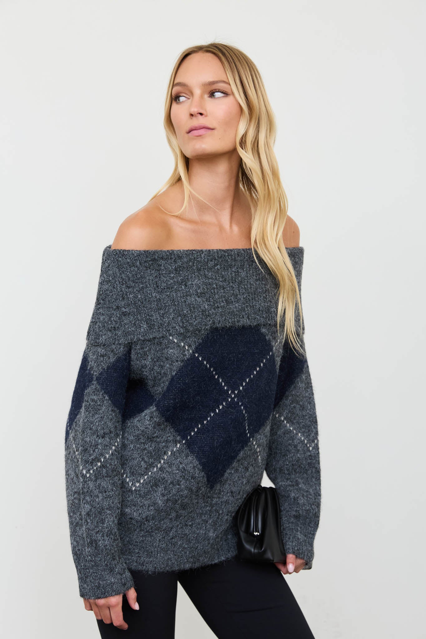 ARGYLE WIDE FOLD OVER KNIT PULLOVER SWEATER
