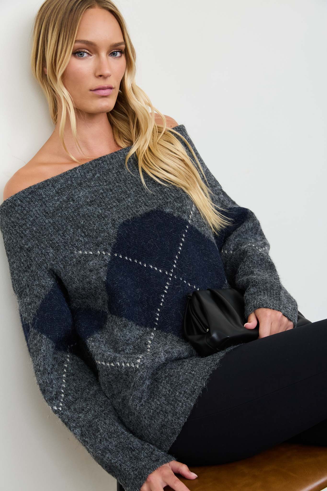 ARGYLE WIDE FOLD OVER KNIT PULLOVER SWEATER
