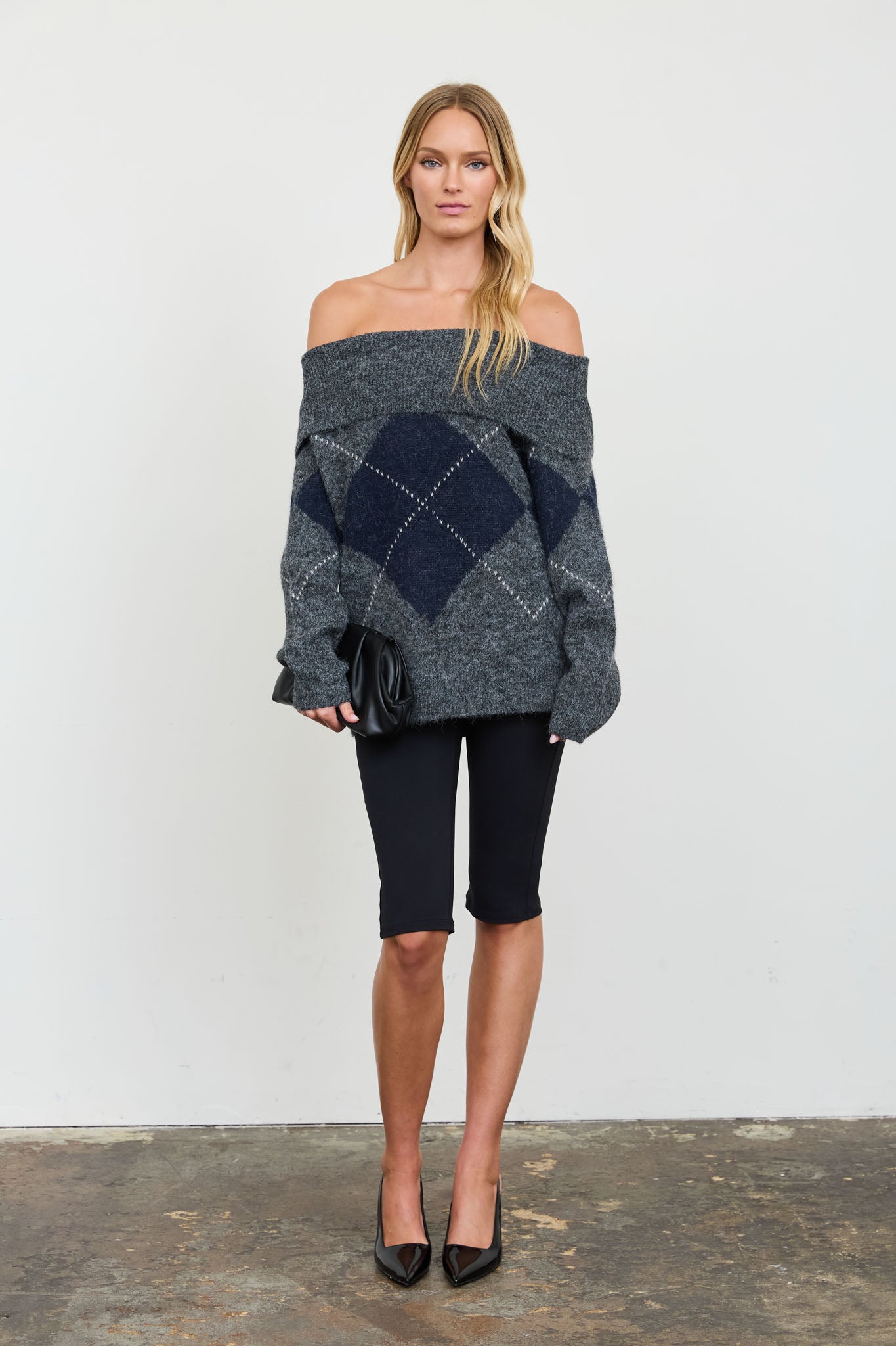 ARGYLE WIDE FOLD OVER KNIT PULLOVER SWEATER