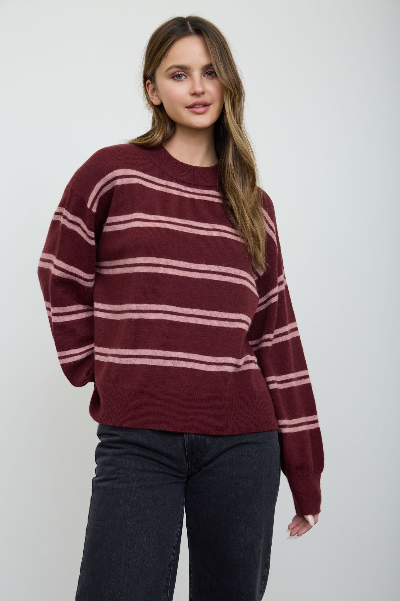 STRIPE DROP SLEEVE CREW NECK KNIT PULLOVER (PRE-ORDER)