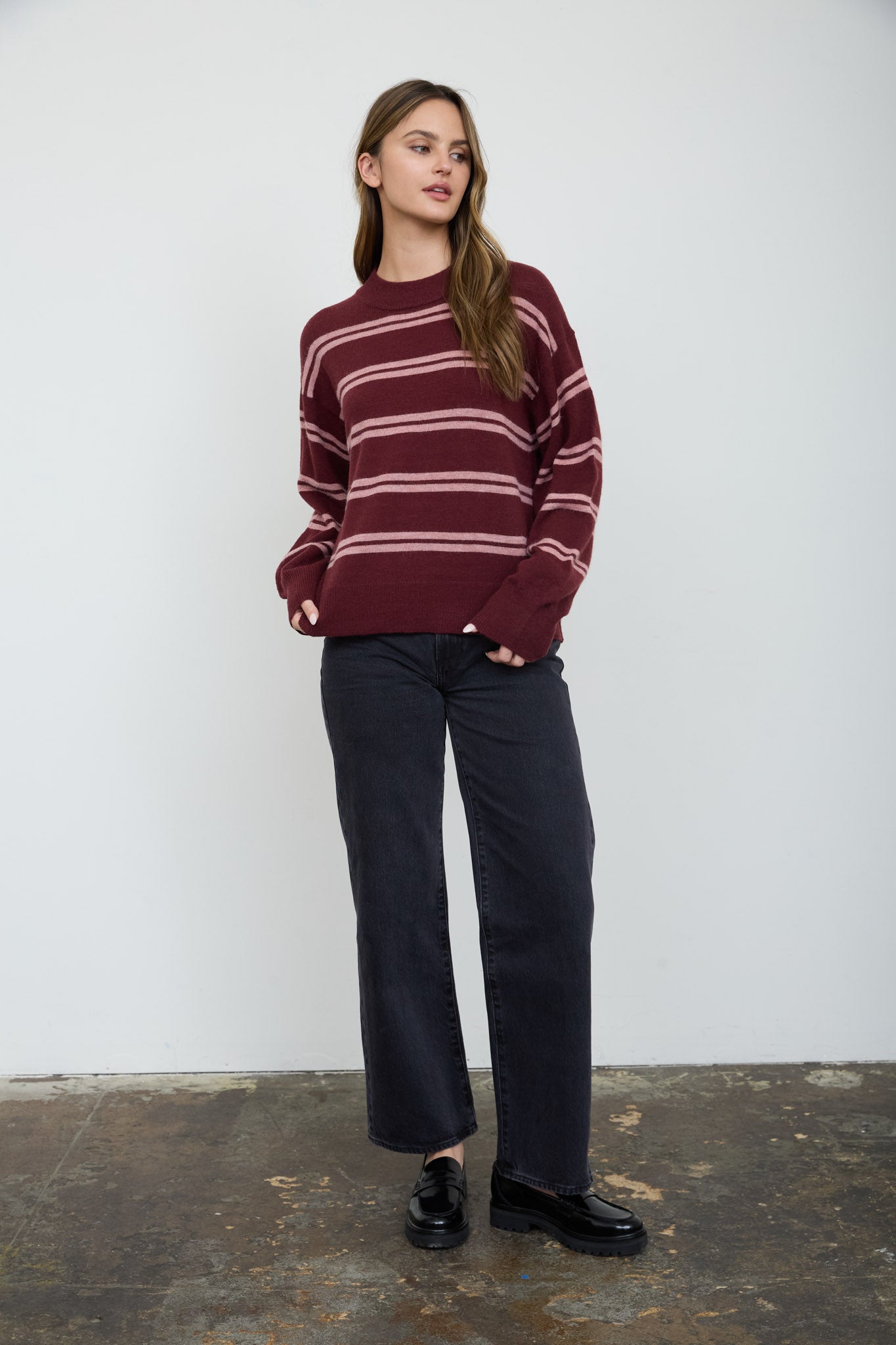 STRIPE DROP SLEEVE CREW NECK KNIT PULLOVER (PRE-ORDER)
