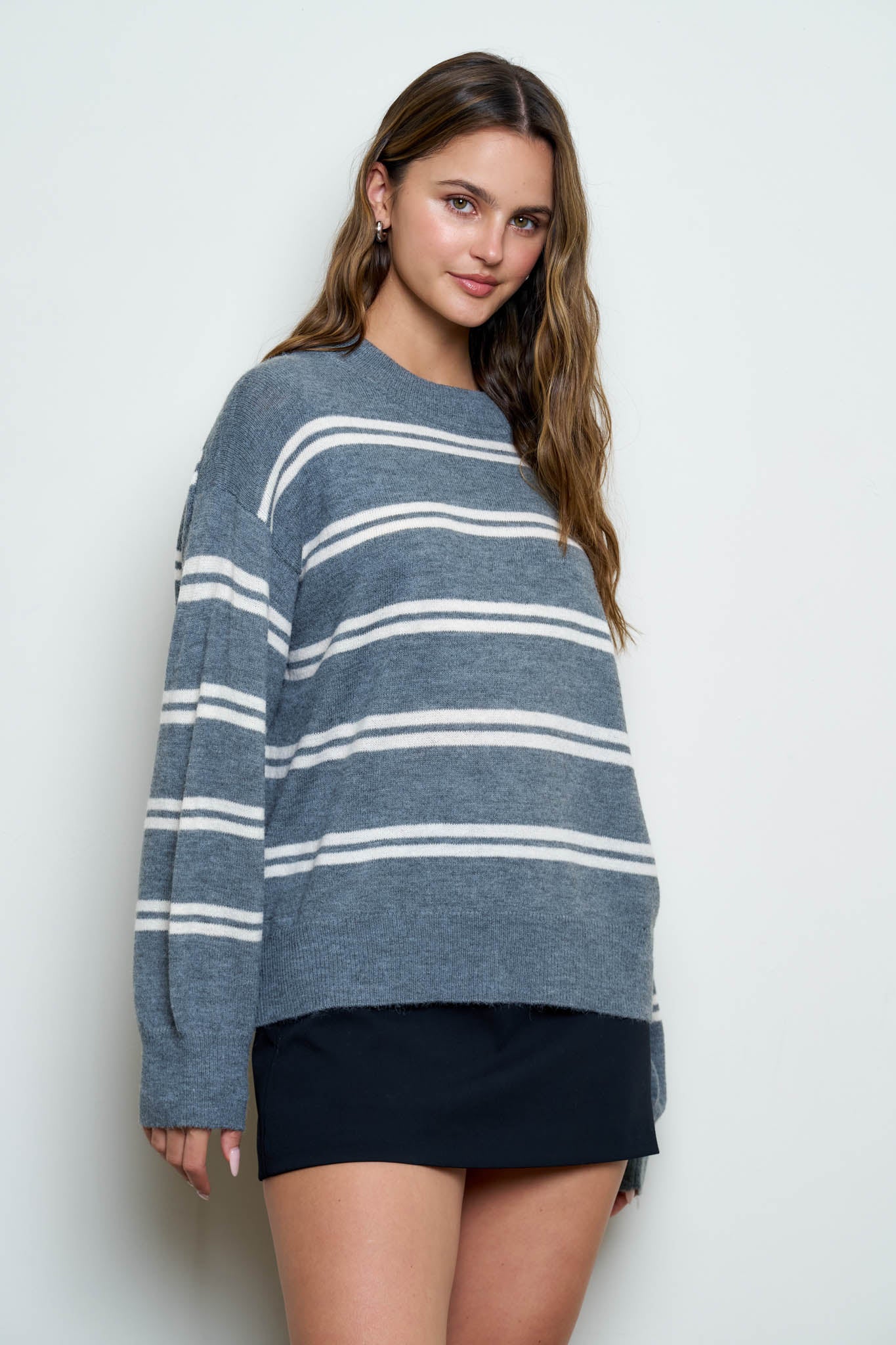 STRIPE DROP SLEEVE CREW NECK KNIT PULLOVER (PRE-ORDER)