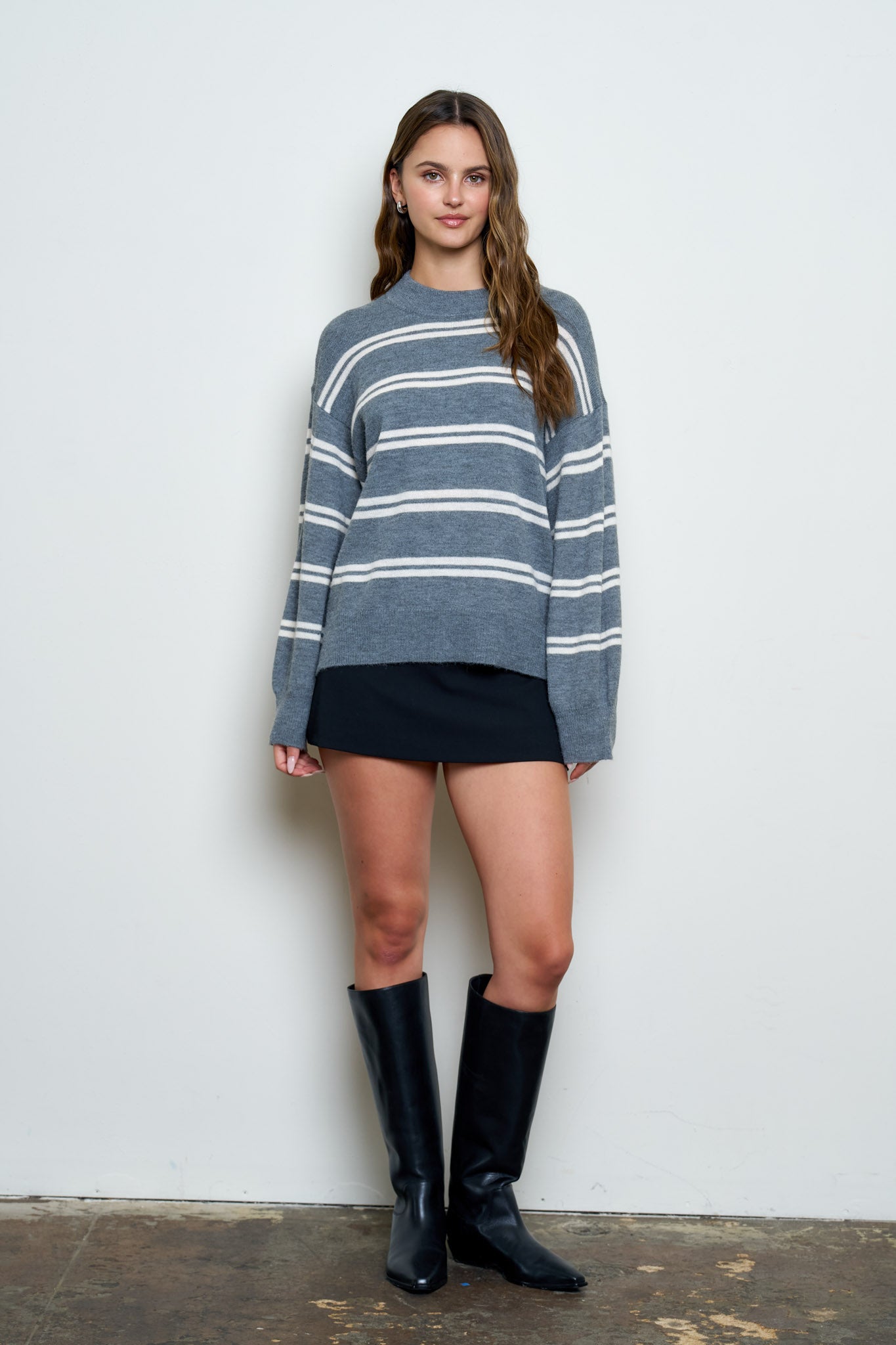 STRIPE DROP SLEEVE CREW NECK KNIT PULLOVER (PRE-ORDER)