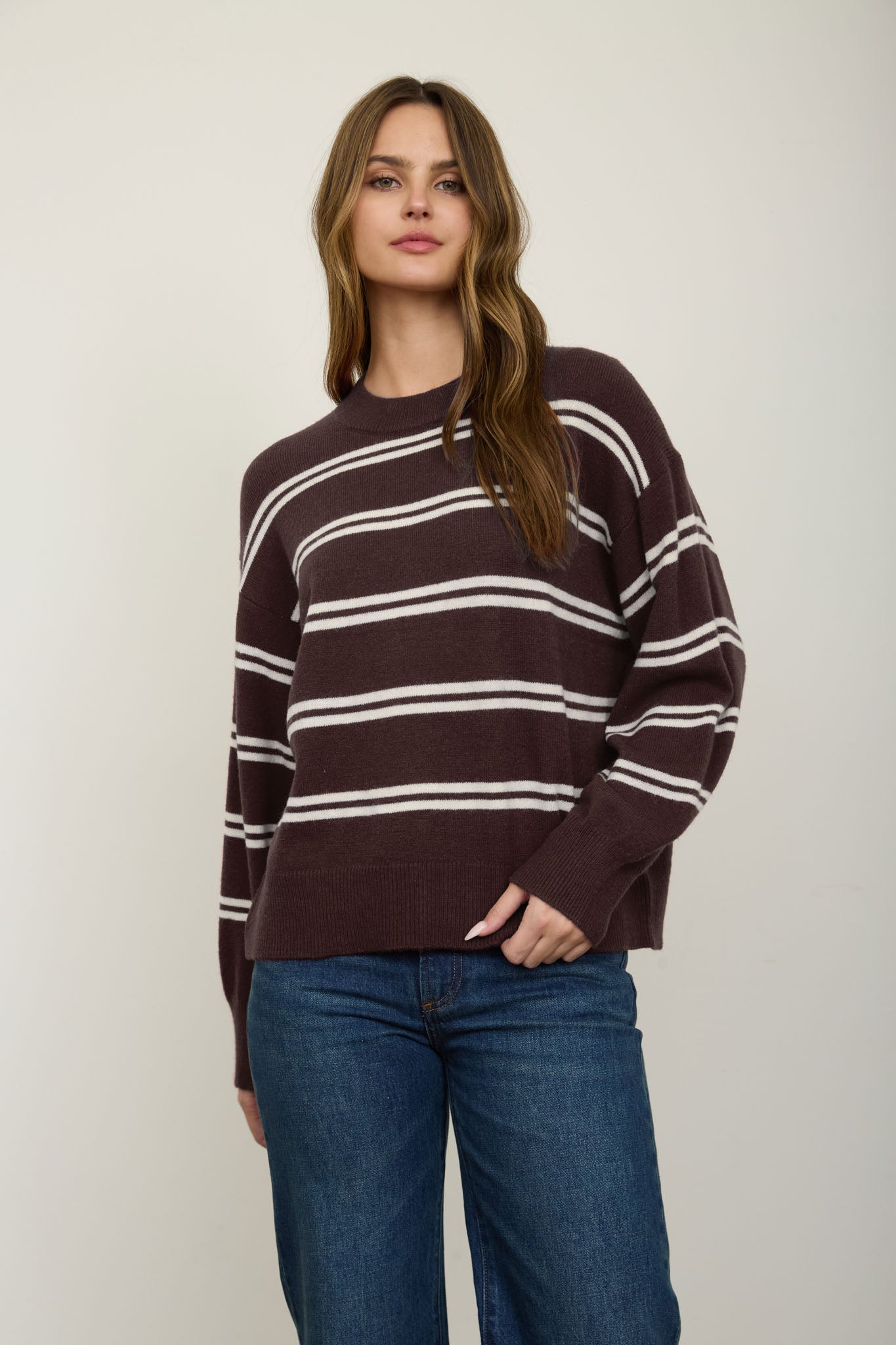 STRIPE DROP SLEEVE CREW NECK KNIT PULLOVER (PRE-ORDER)