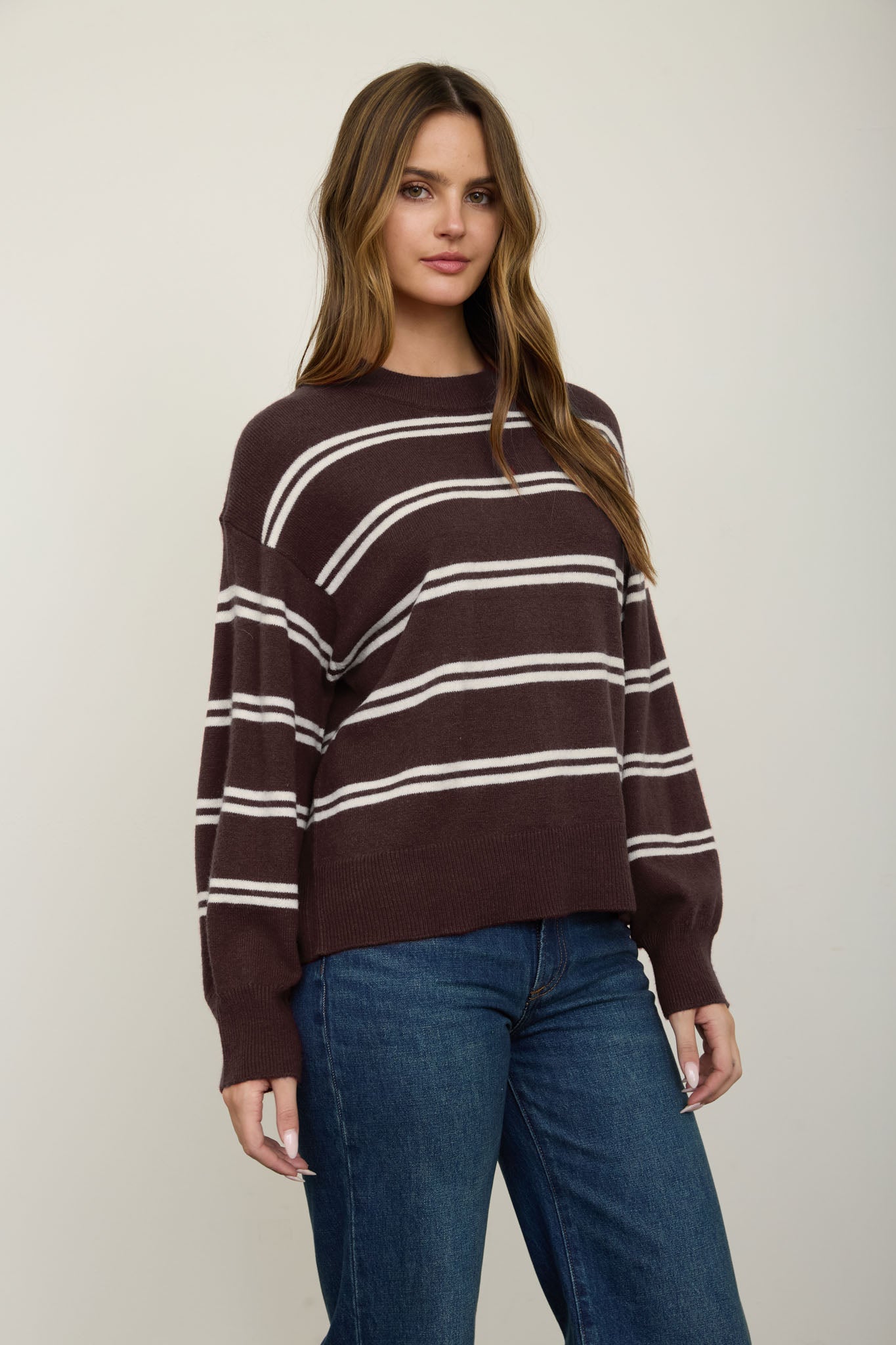 STRIPE DROP SLEEVE CREW NECK KNIT PULLOVER (PRE-ORDER)