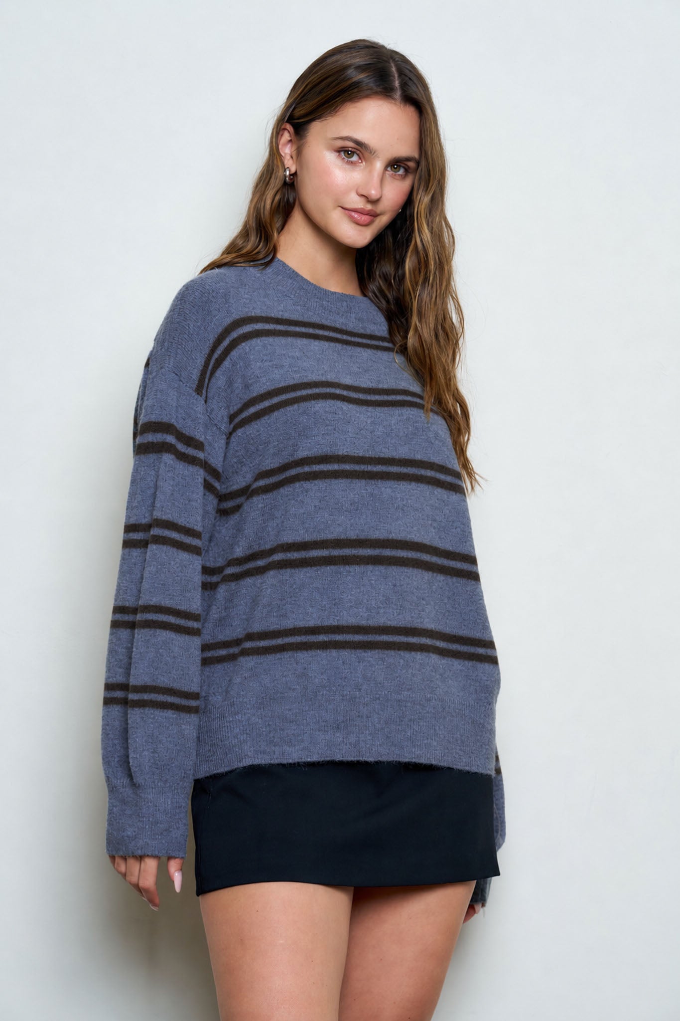 STRIPE DROP SLEEVE CREW NECK KNIT PULLOVER (PRE-ORDER)