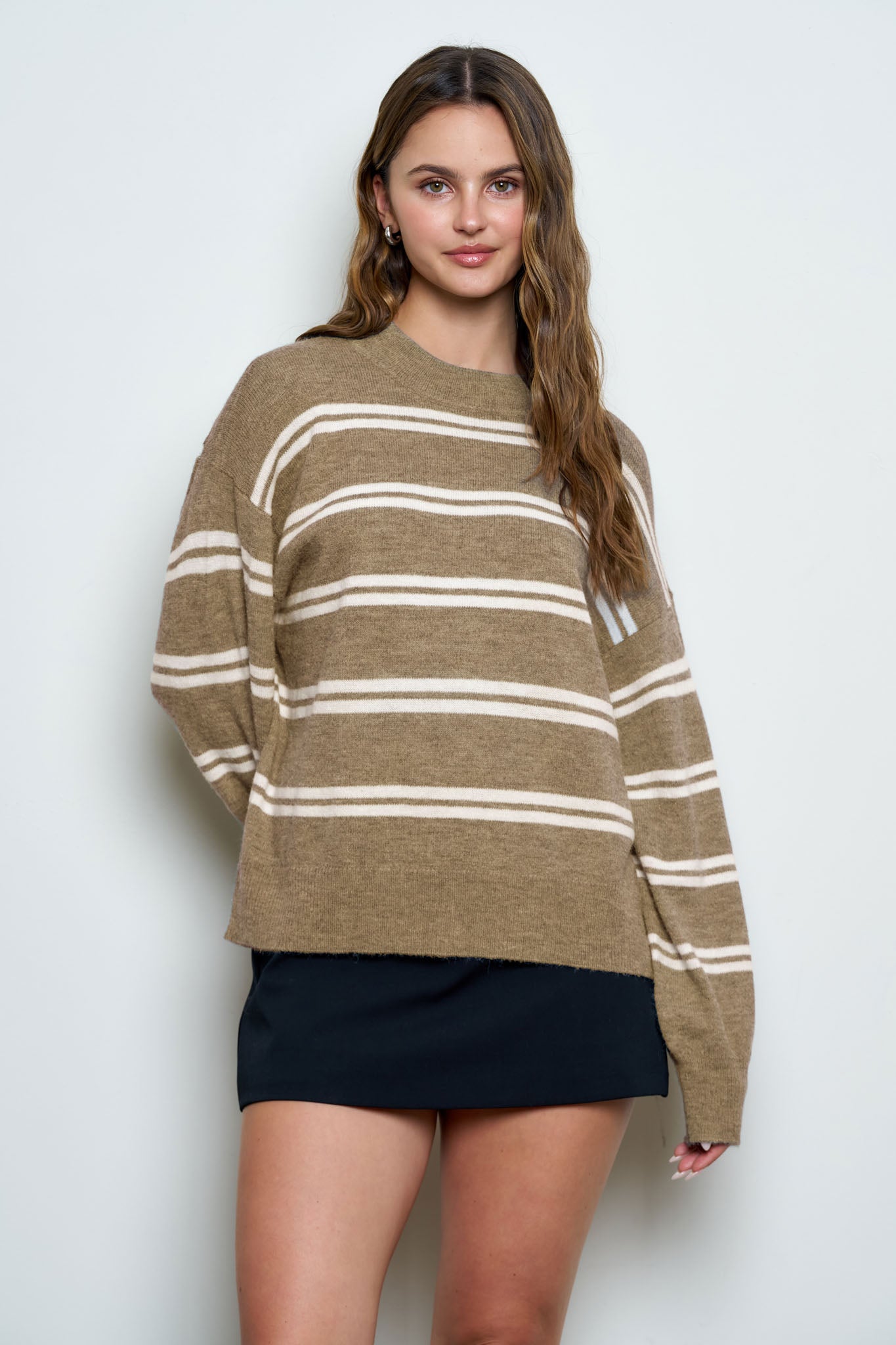 STRIPE DROP SLEEVE CREW NECK KNIT PULLOVER (PRE-ORDER)