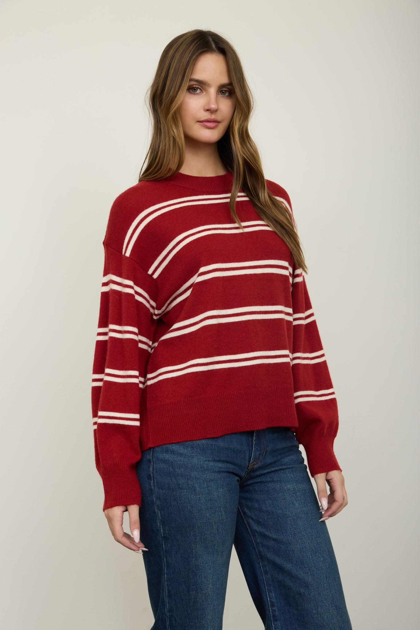 STRIPE DROP SLEEVE CREW NECK KNIT PULLOVER (PRE-ORDER)