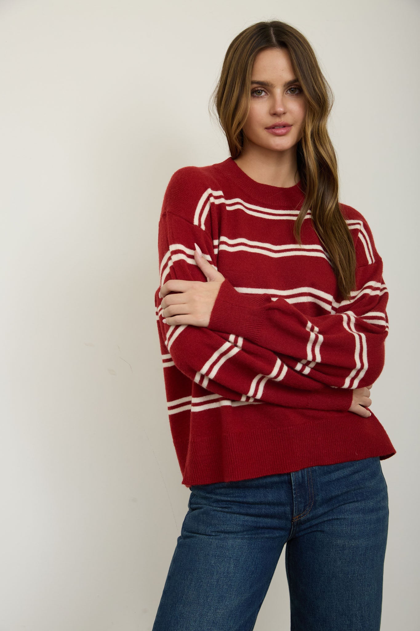 STRIPE DROP SLEEVE CREW NECK KNIT PULLOVER (PRE-ORDER)