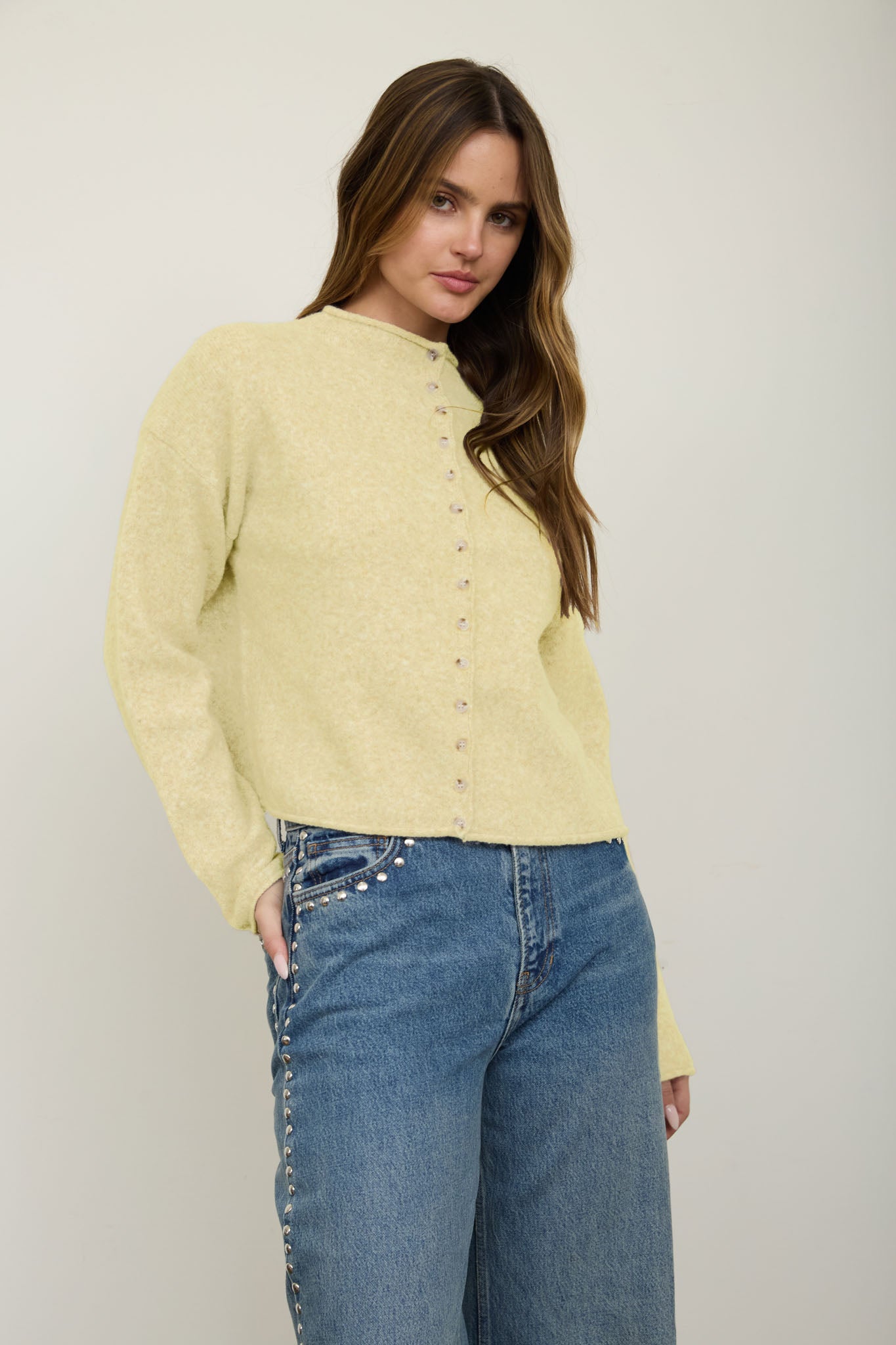 RAW EDGE MOCK NECK BUTTON DOWN CARDIGAN