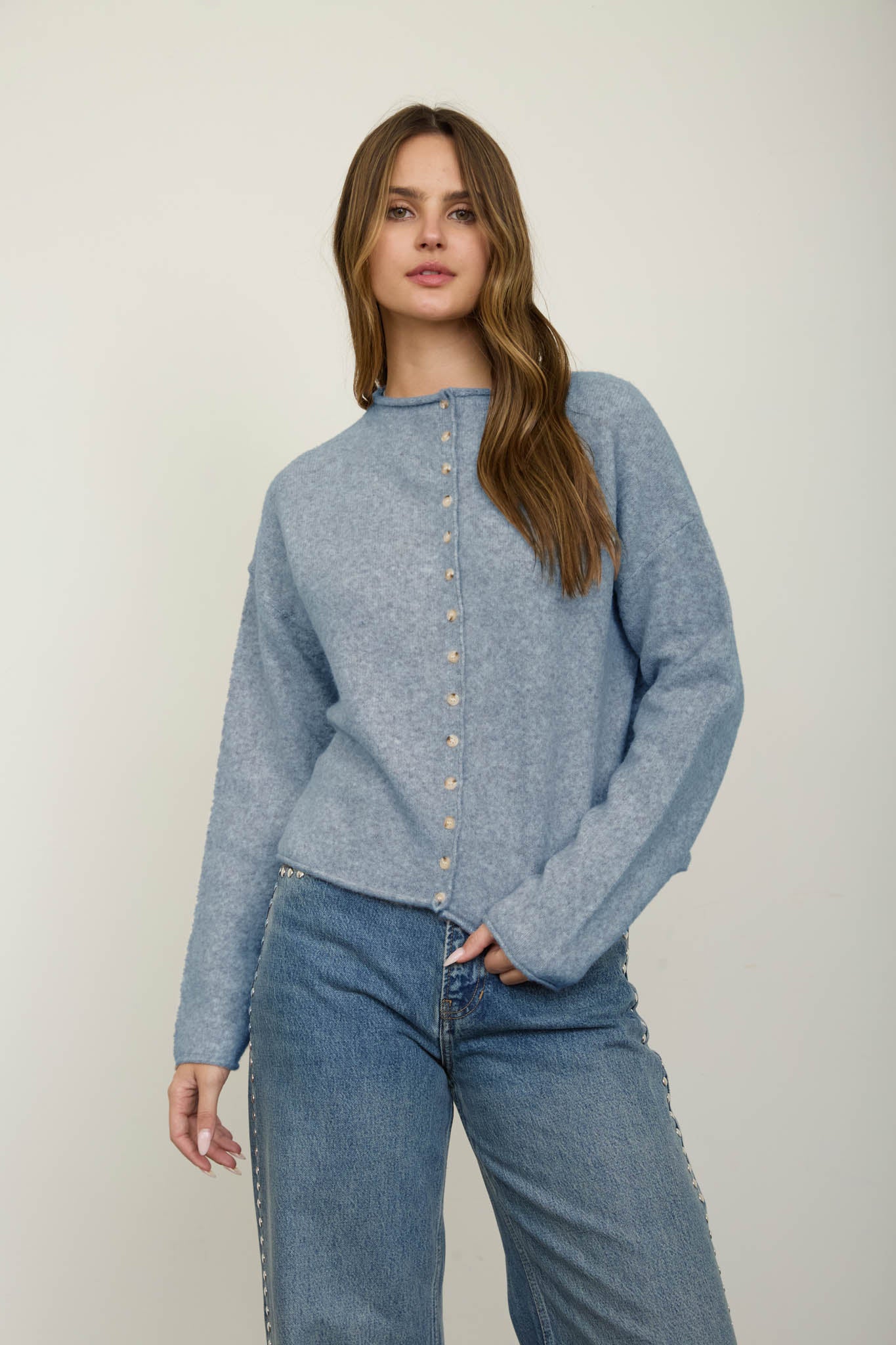 RAW EDGE MOCK NECK BUTTON DOWN CARDIGAN