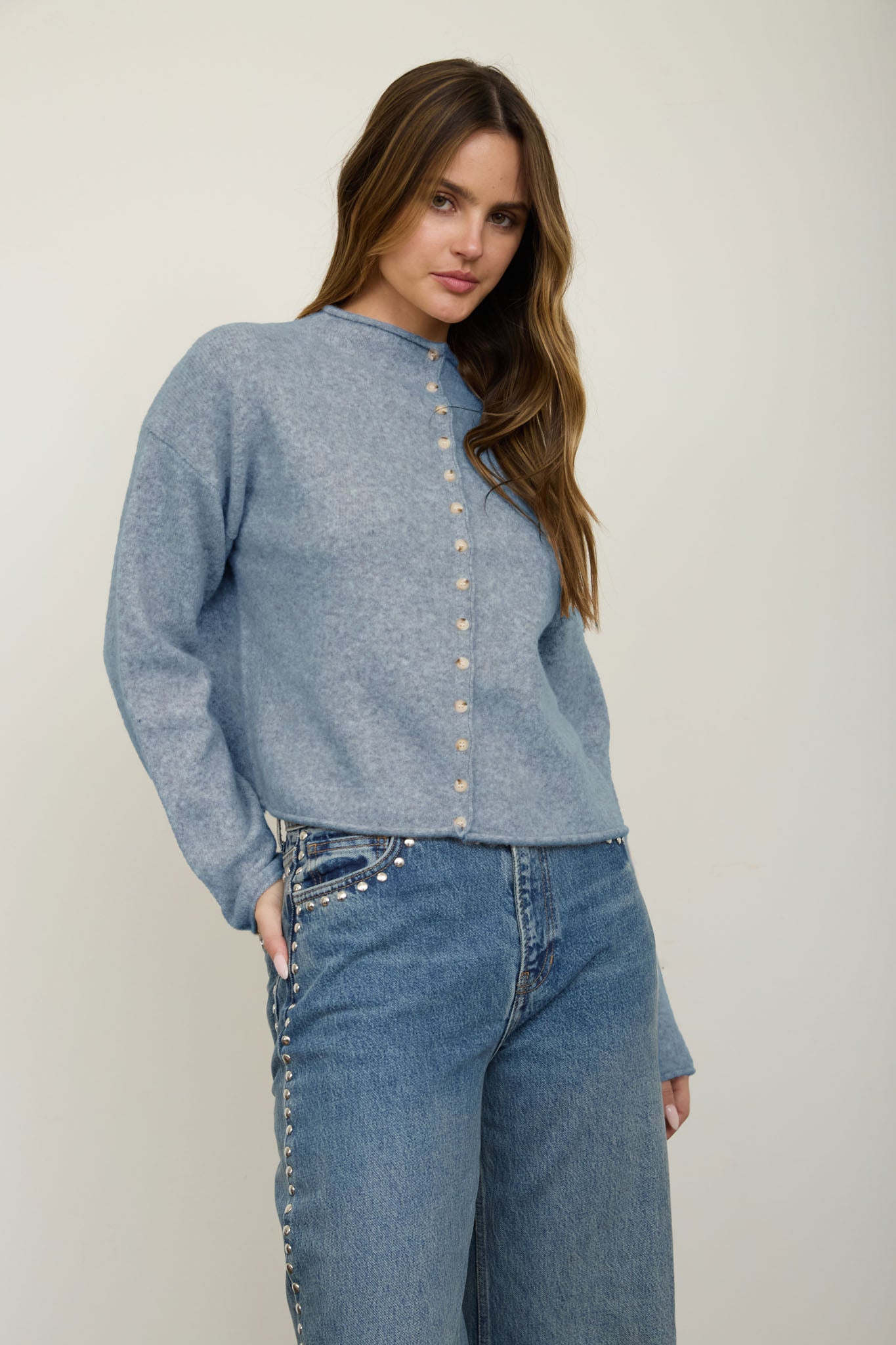 RAW EDGE MOCK NECK BUTTON DOWN CARDIGAN