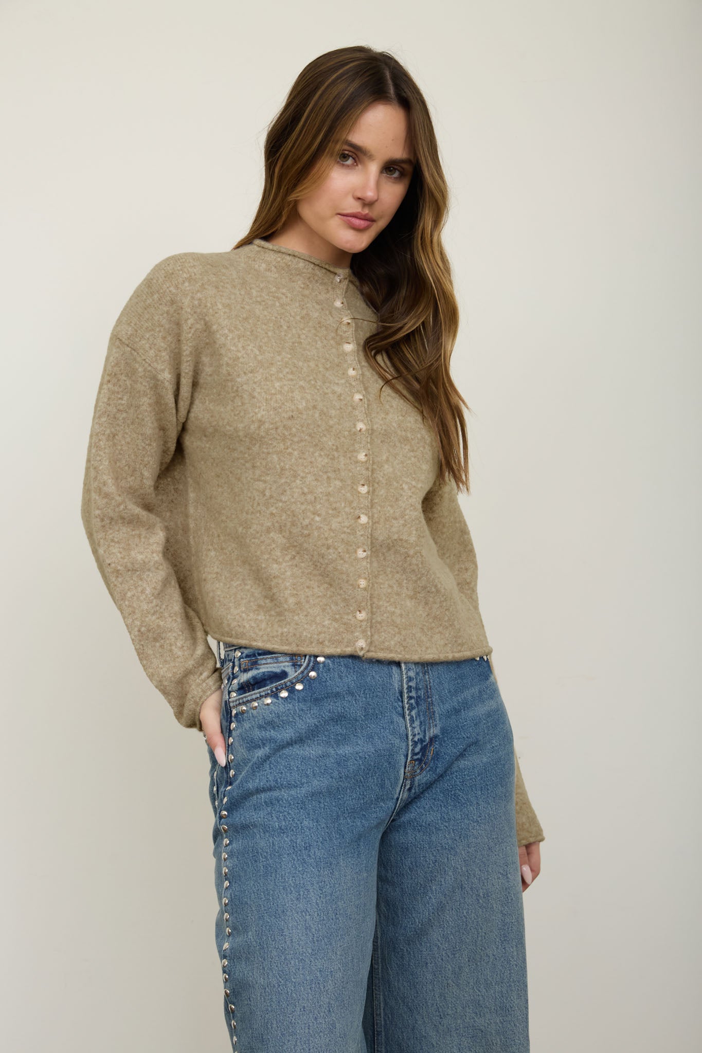 RAW EDGE MOCK NECK BUTTON DOWN CARDIGAN