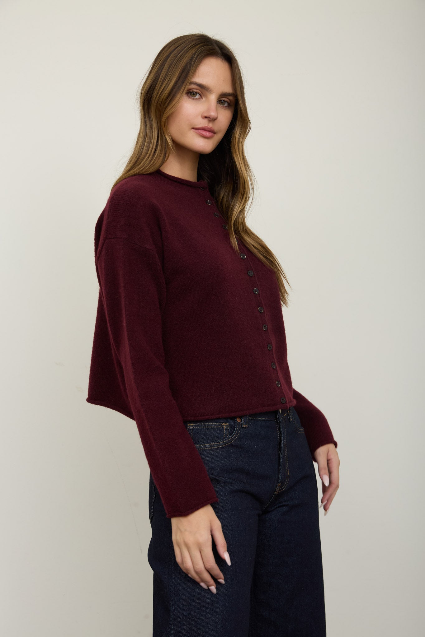 RAW EDGE MOCK NECK BUTTON DOWN CARDIGAN