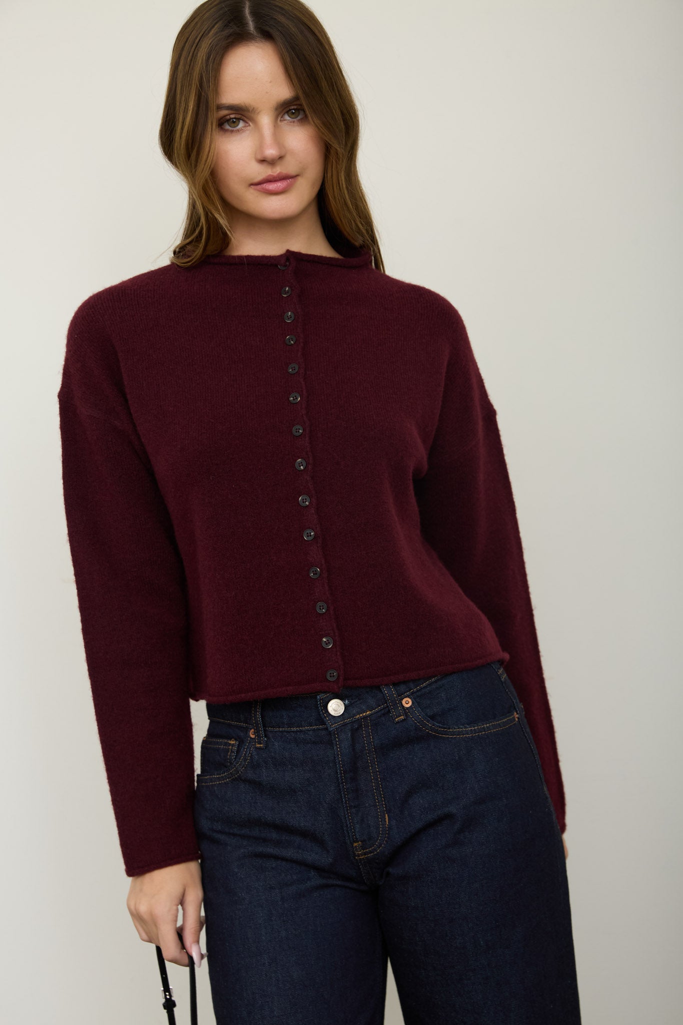 RAW EDGE MOCK NECK BUTTON DOWN CARDIGAN