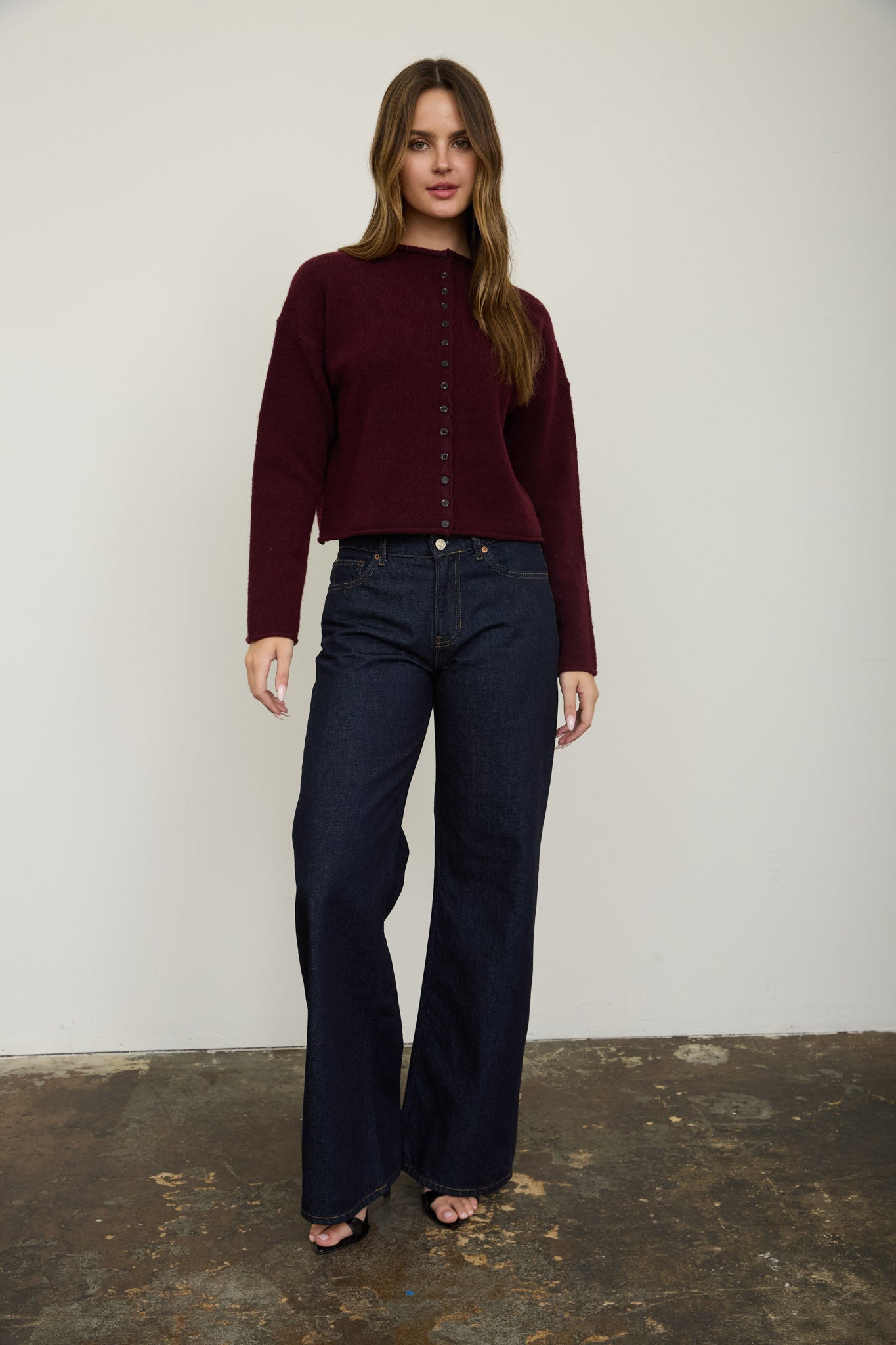 RAW EDGE MOCK NECK BUTTON DOWN CARDIGAN