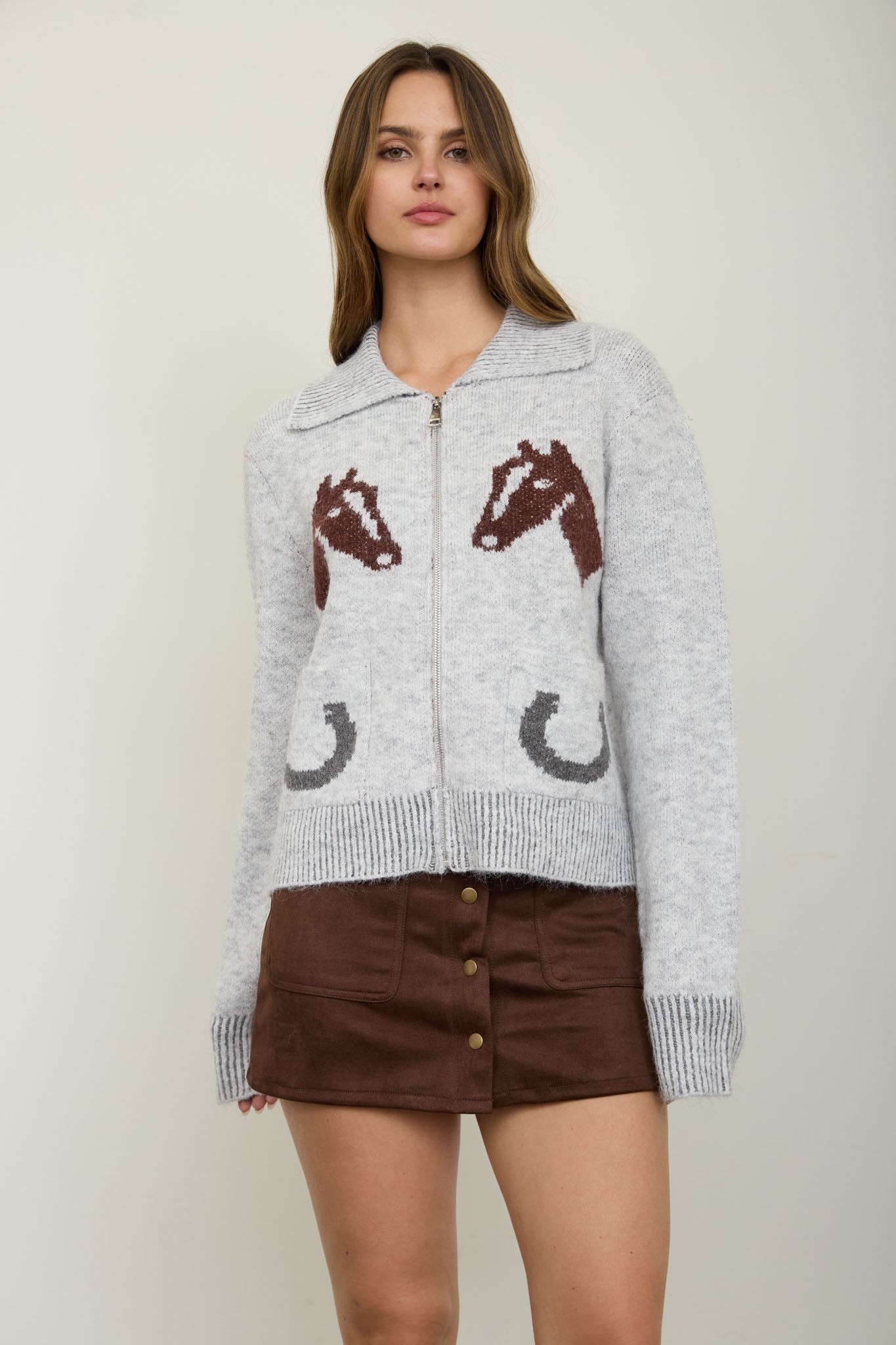WESTERN JACQUARD COLLARED ZIP-UP KNIT CARDIGAN