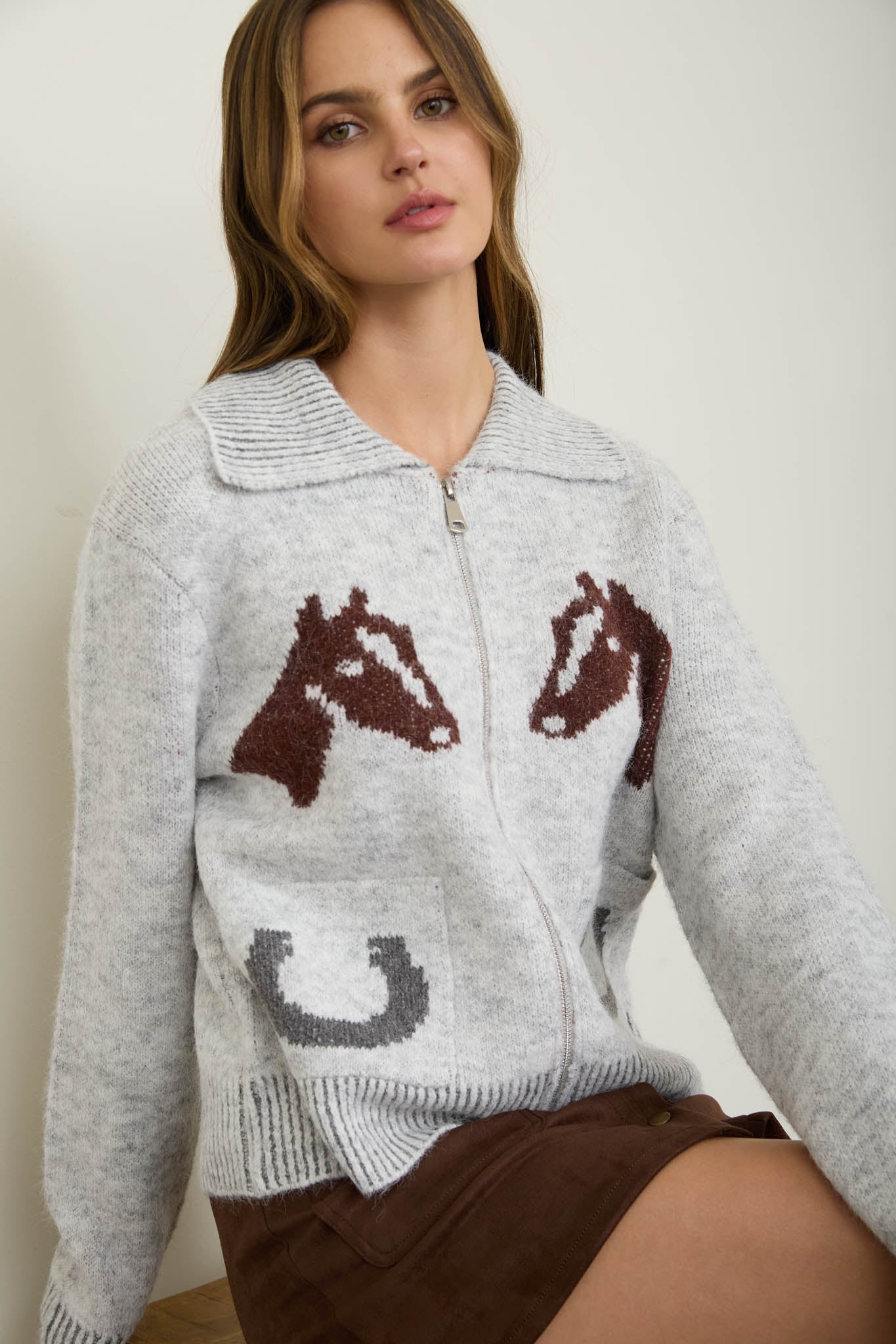WESTERN JACQUARD COLLARED ZIP-UP KNIT CARDIGAN