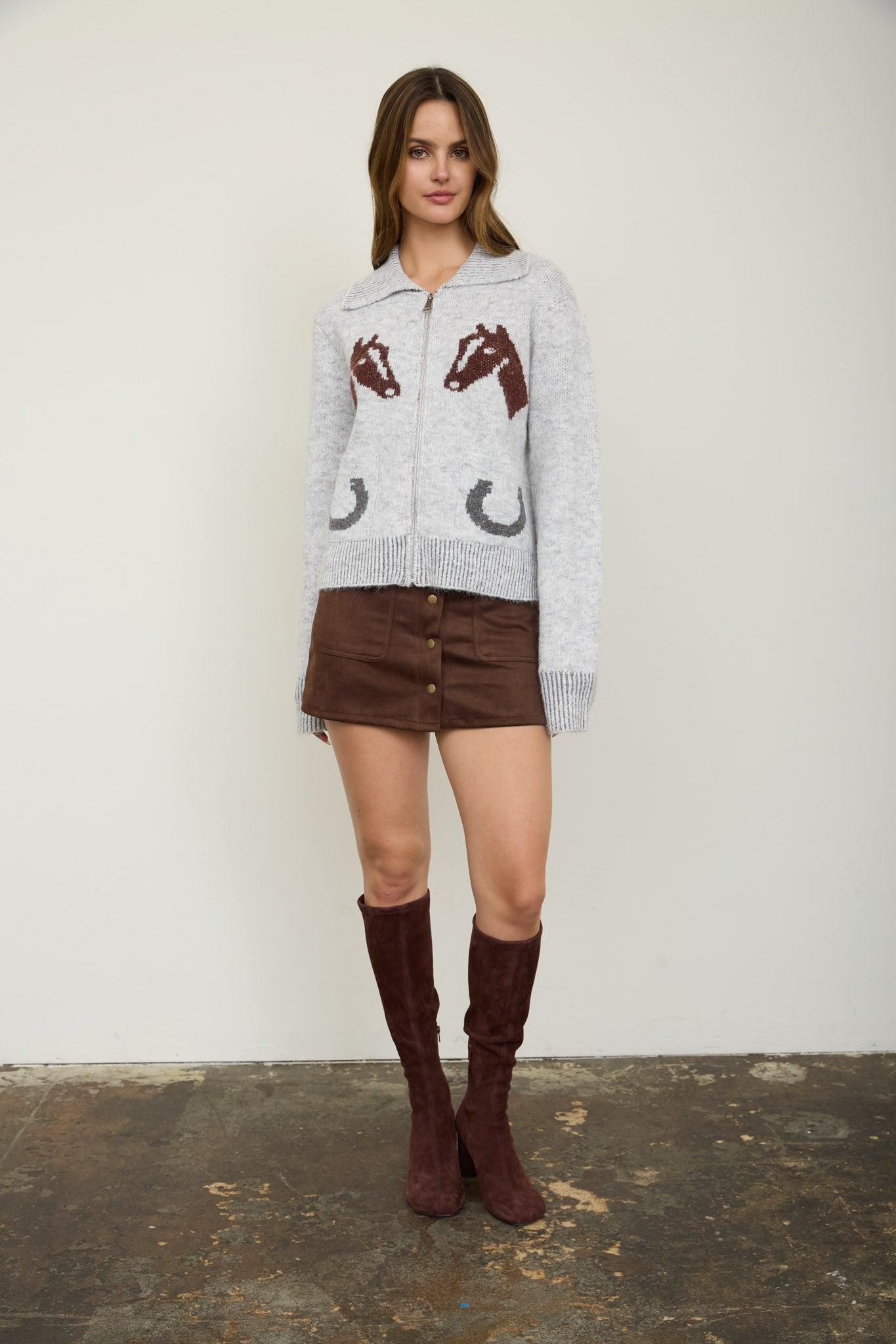 WESTERN JACQUARD COLLARED ZIP-UP KNIT CARDIGAN