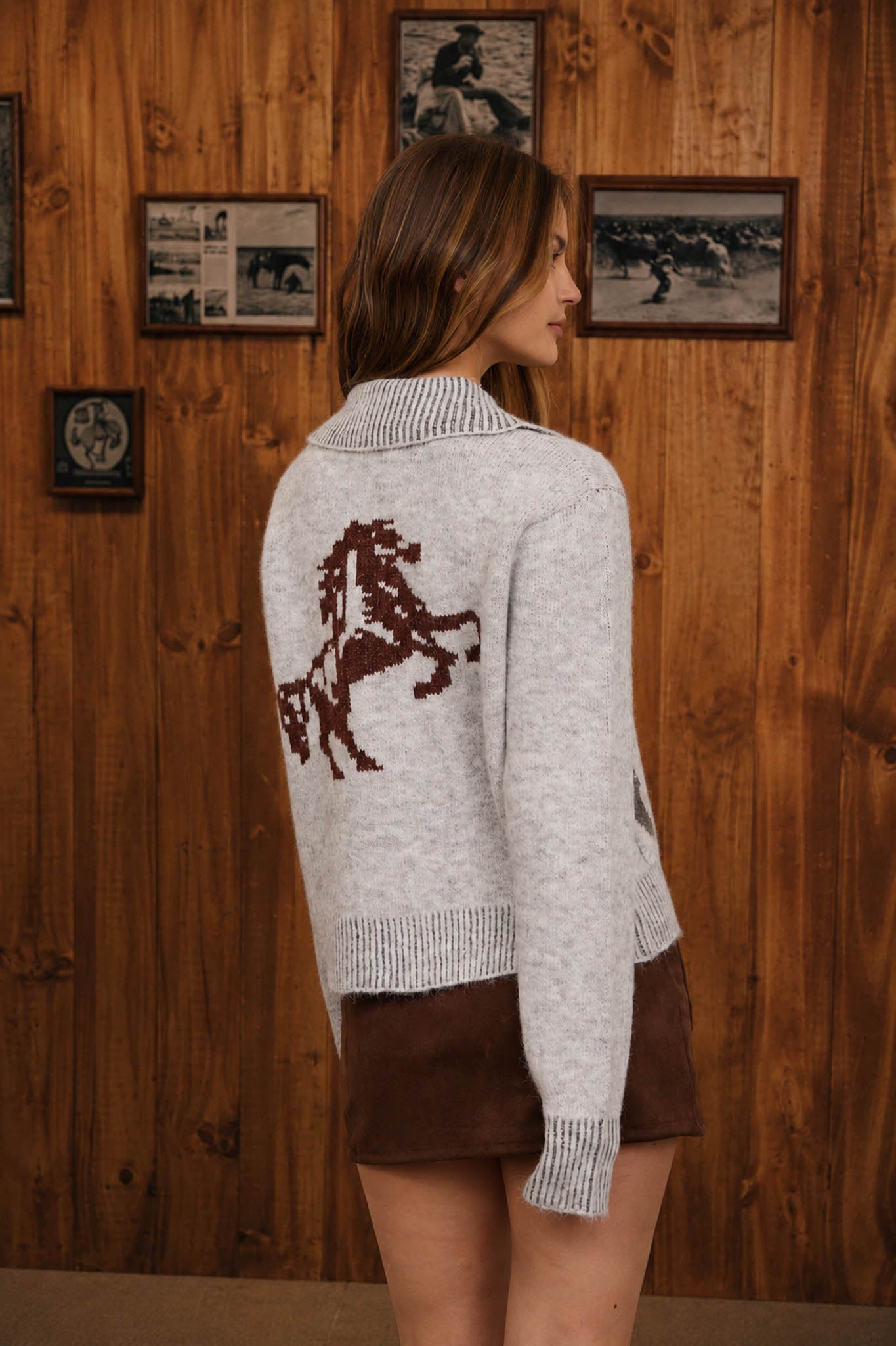 WESTERN JACQUARD COLLARED ZIP-UP KNIT CARDIGAN