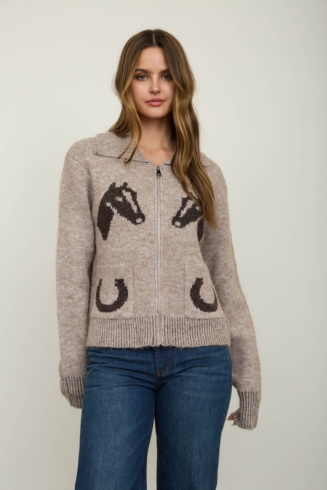 WESTERN JACQUARD COLLARED ZIP-UP KNIT CARDIGAN