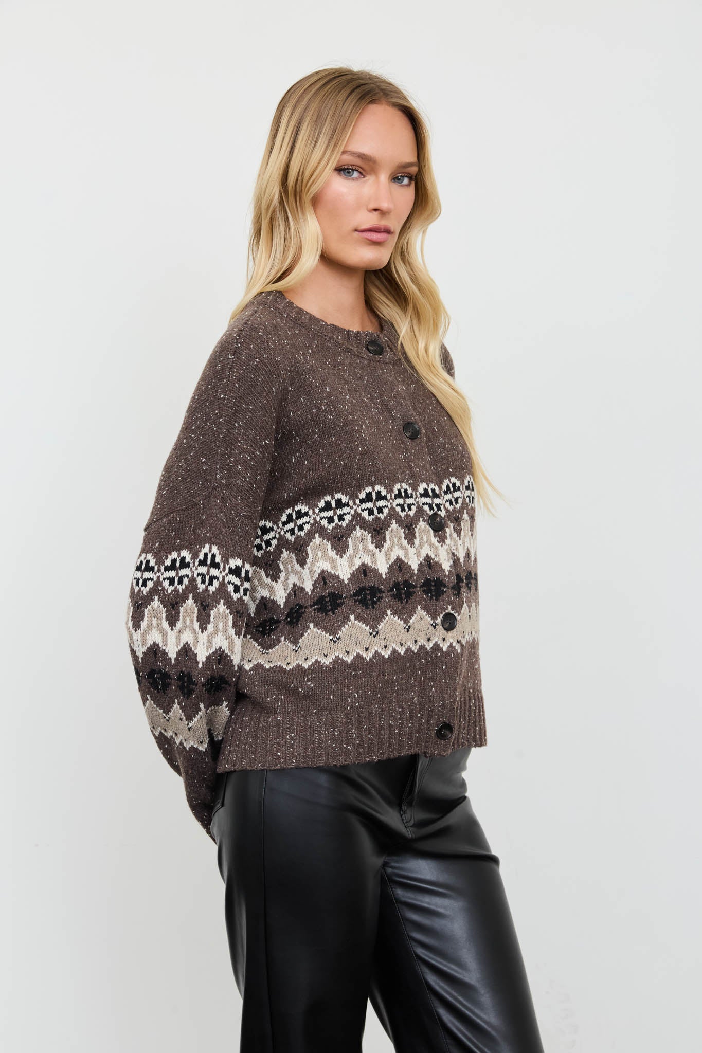 STRIPE FAIR ISLE CREW BUTTON DOWN KNIT CARDIGAN (PRE-ORDER)