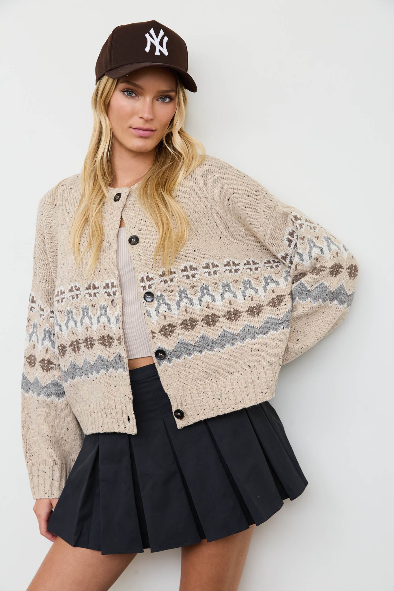 STRIPE FAIR ISLE CREW BUTTON DOWN KNIT CARDIGAN (PRE-ORDER)