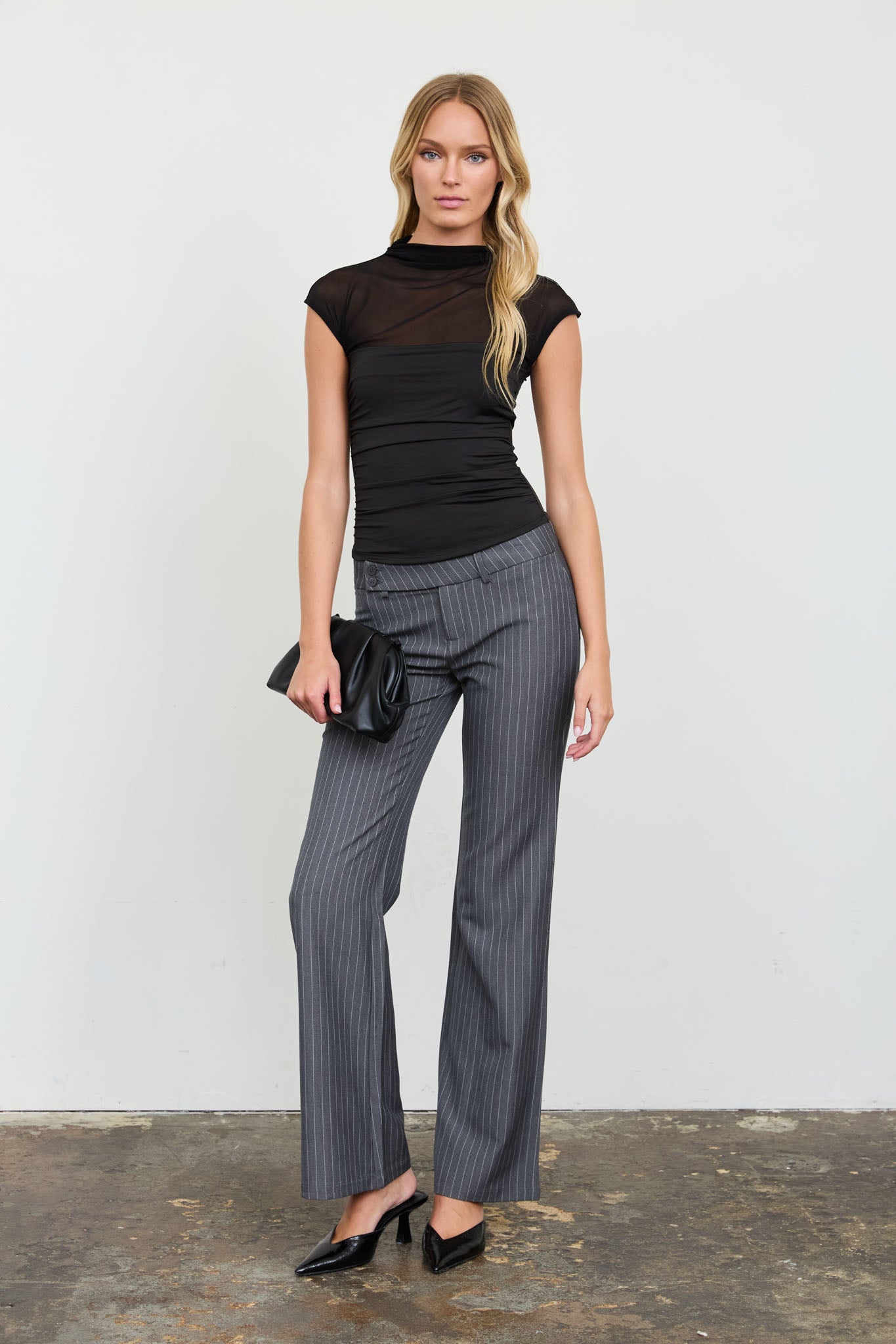 SHEER YOKE MOCK NECK RUCHED SHORT SLEEVE KNIT TOP