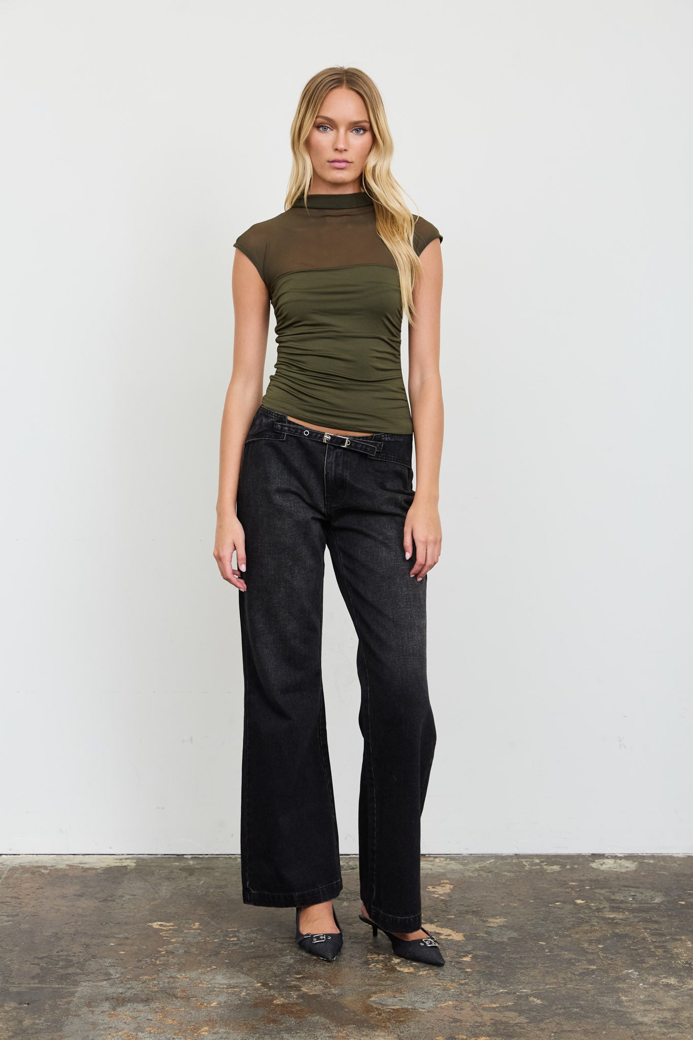 SHEER YOKE MOCK NECK RUCHED SHORT SLEEVE KNIT TOP