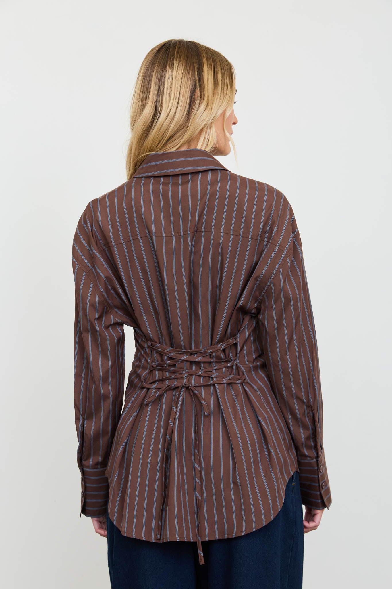 STRIPE BUTTON DOWN BACK LACE UP SHIRT