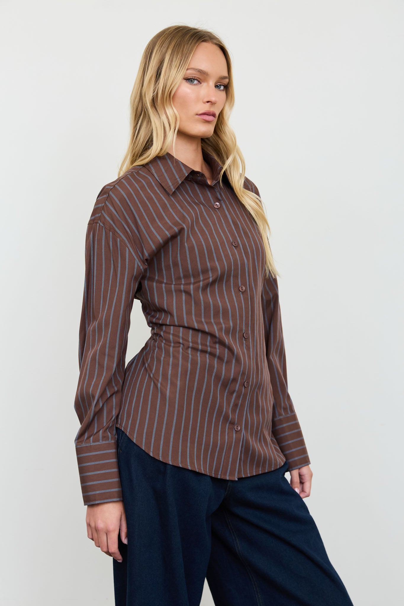 STRIPE BUTTON DOWN BACK LACE UP SHIRT