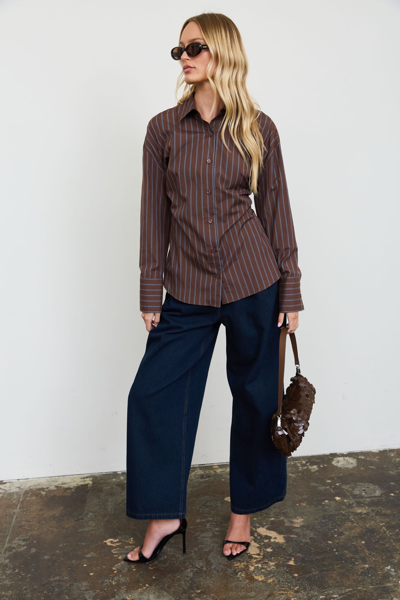 STRIPE BUTTON DOWN BACK LACE UP SHIRT