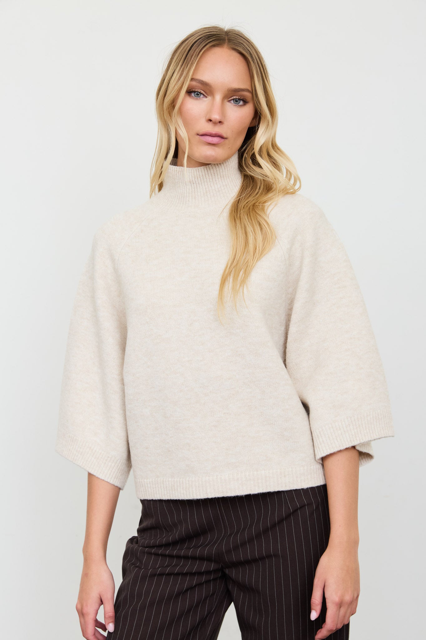 MARLED MOCK NECK BOXY FIT 3/4 SLEEVE KNIT SWEATER (PRE-ORDER)