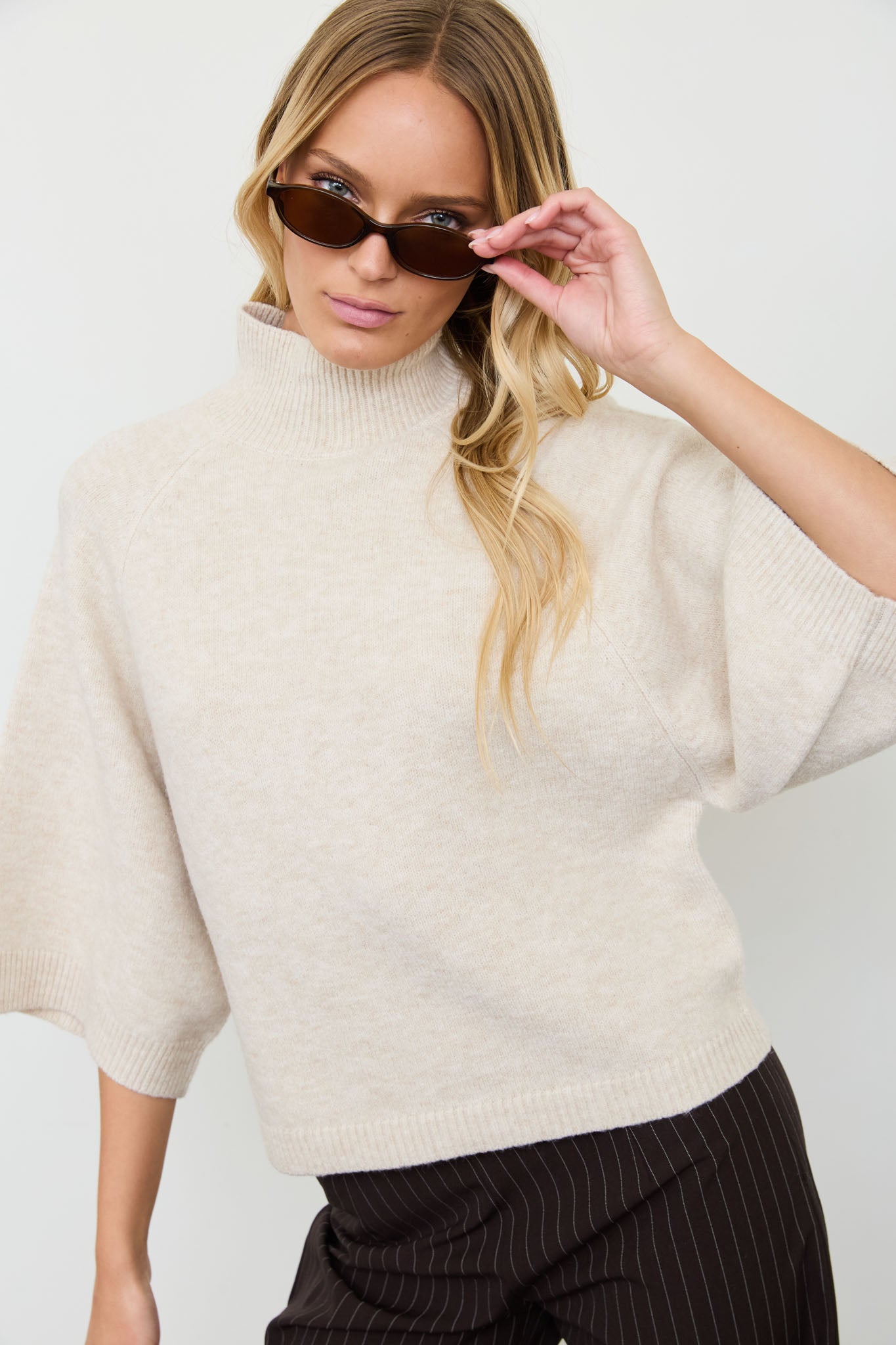 MARLED MOCK NECK BOXY FIT 3/4 SLEEVE KNIT SWEATER (PRE-ORDER)